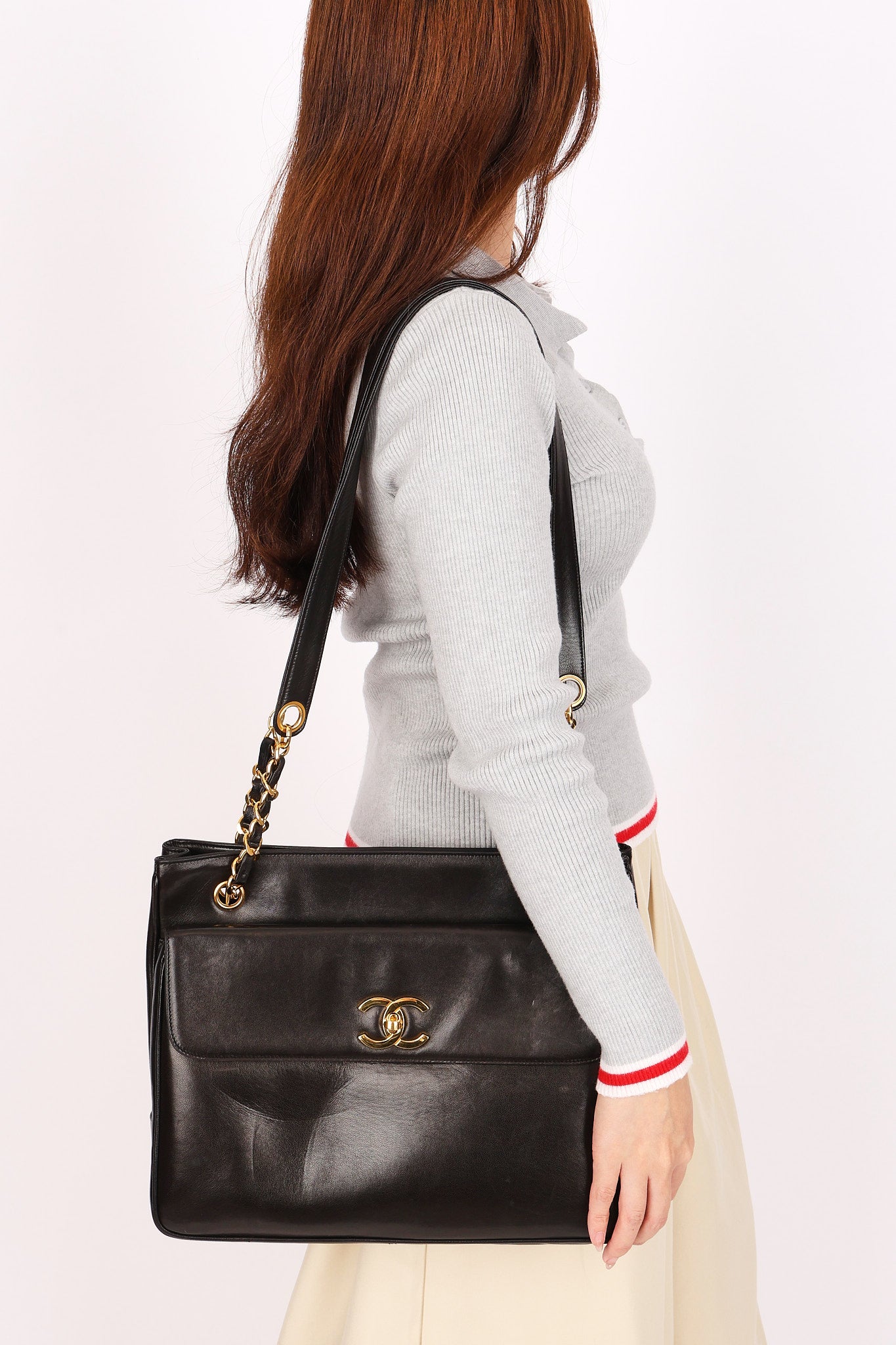 Chanel Turnlock Front Pocket Shoulder Bag Black Lambskin 24K GP
