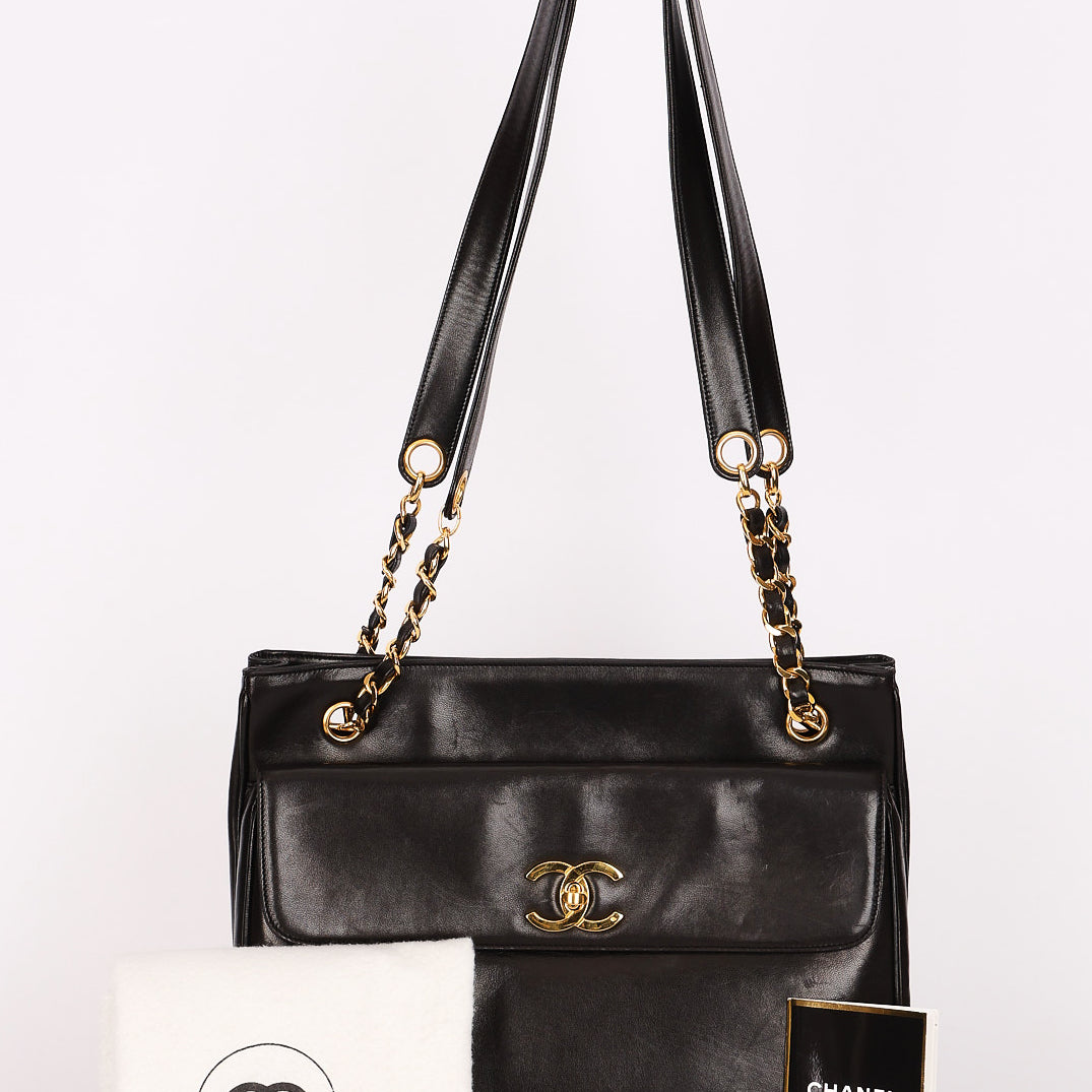 Chanel Turnlock Front Pocket Shoulder Bag Black Lambskin 24K GP