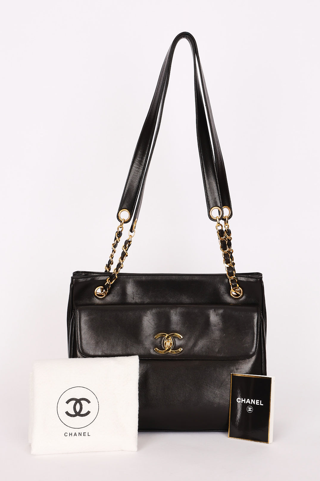 Chanel Turnlock Front Pocket Shoulder Bag Black Lambskin 24K GP