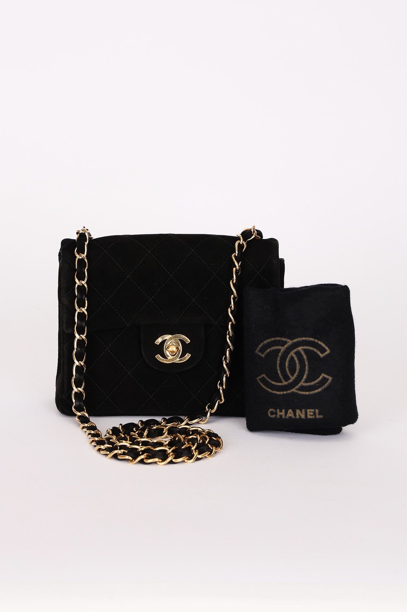 Chanel Mini Square Flap Black Suede 24K GP