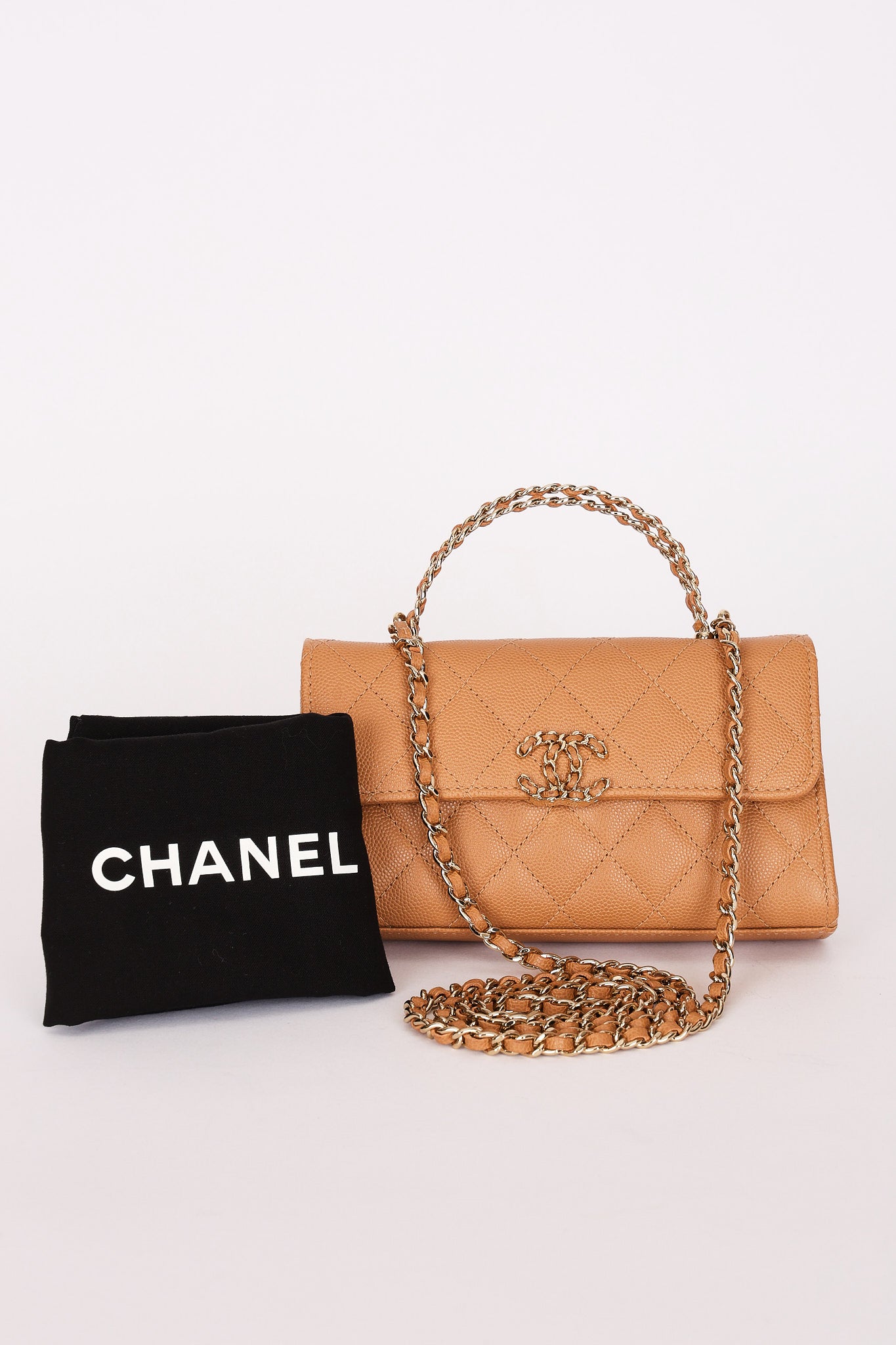 Chanel Chain Match Top Handle Clutch With Chain Dark Beige Caviar CGHW