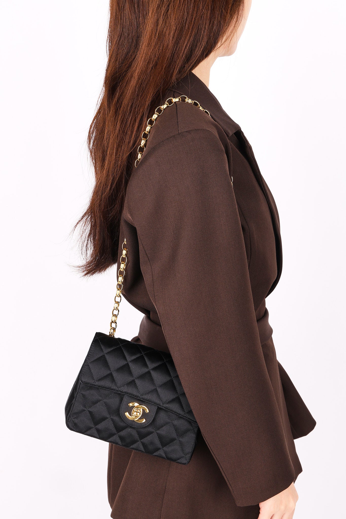 Chanel Mini Square Flap Bijoux Chain Black Satin 1991 24K GP