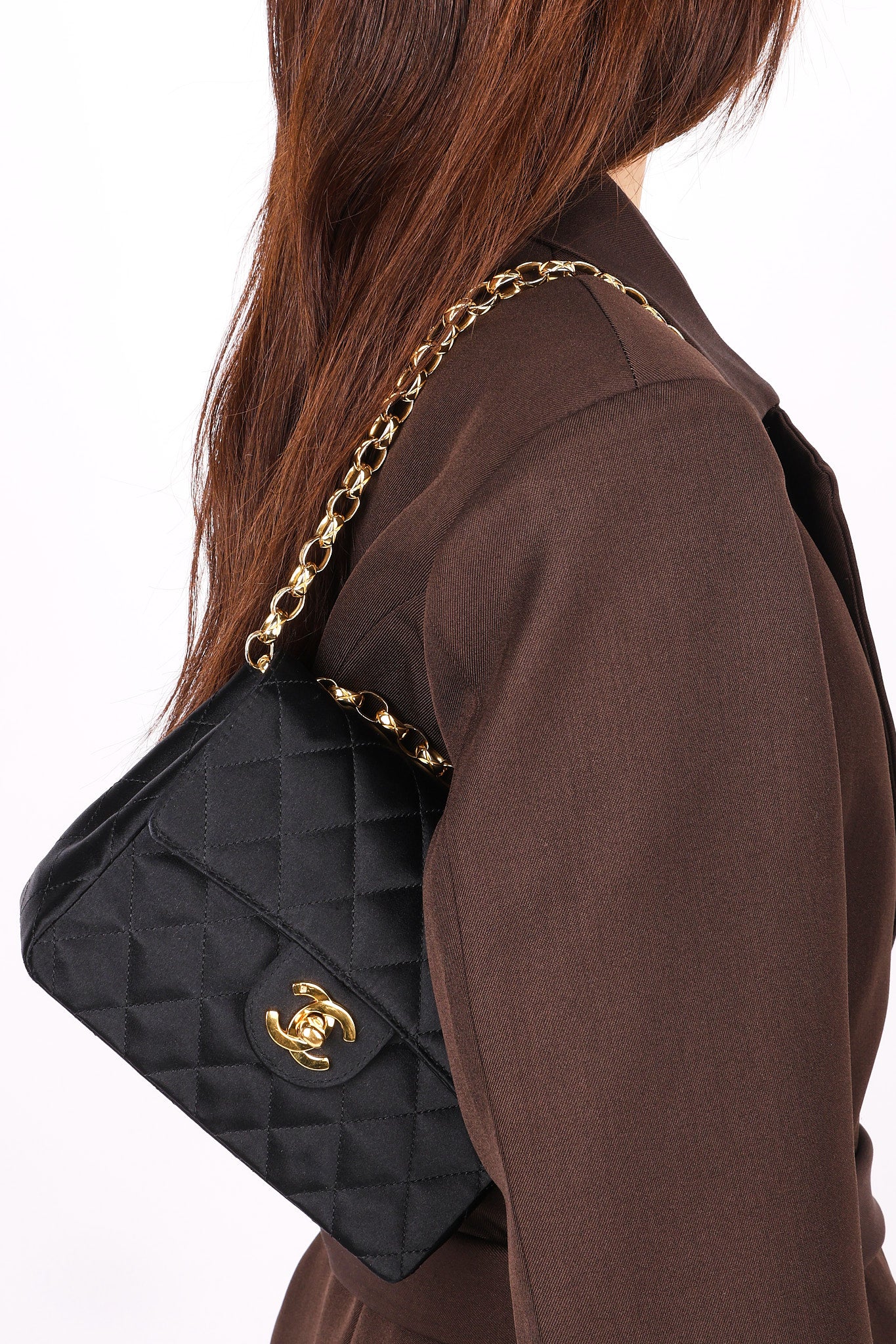Chanel Mini Square Flap Bijoux Chain Black Satin 1991 24K GP