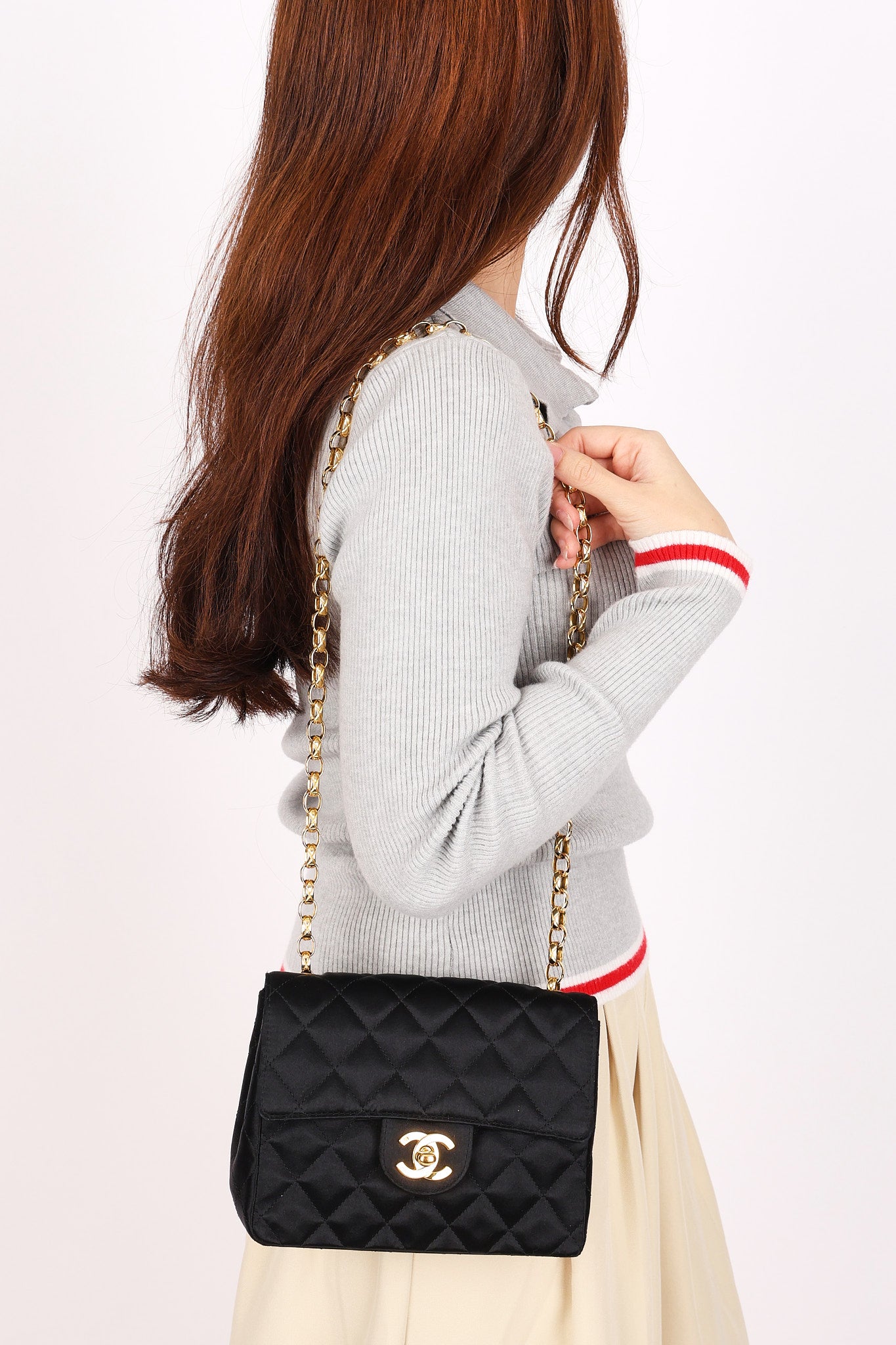 Chanel Mini Square Flap Bijoux Chain Black Satin 24K GP