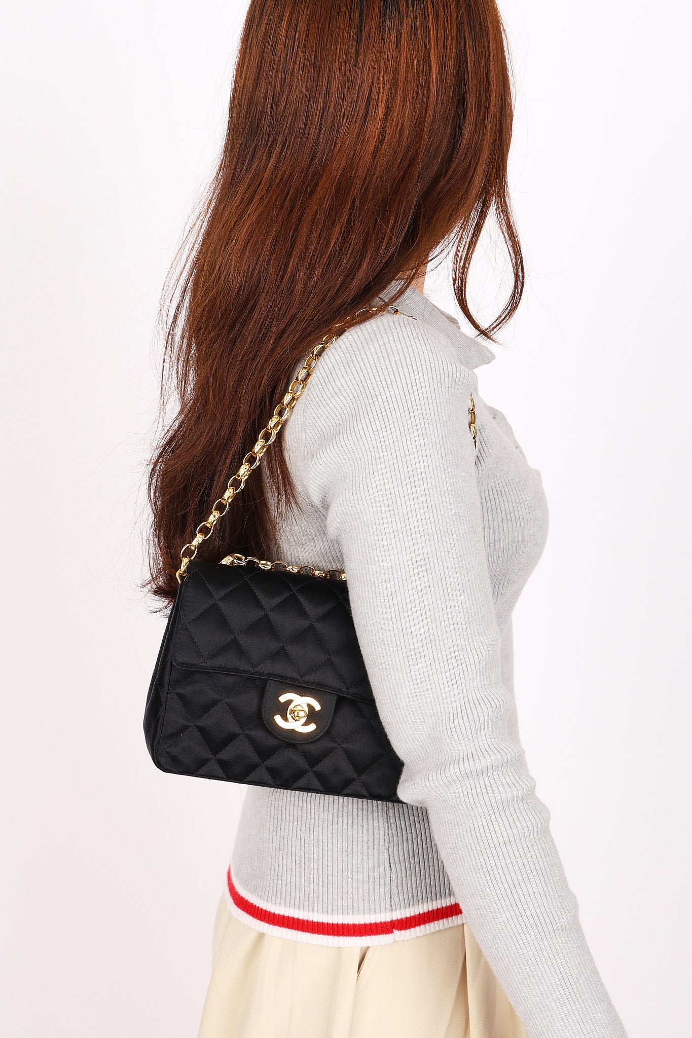 Chanel Mini Square Flap Bijoux Chain Black Satin 24K GP