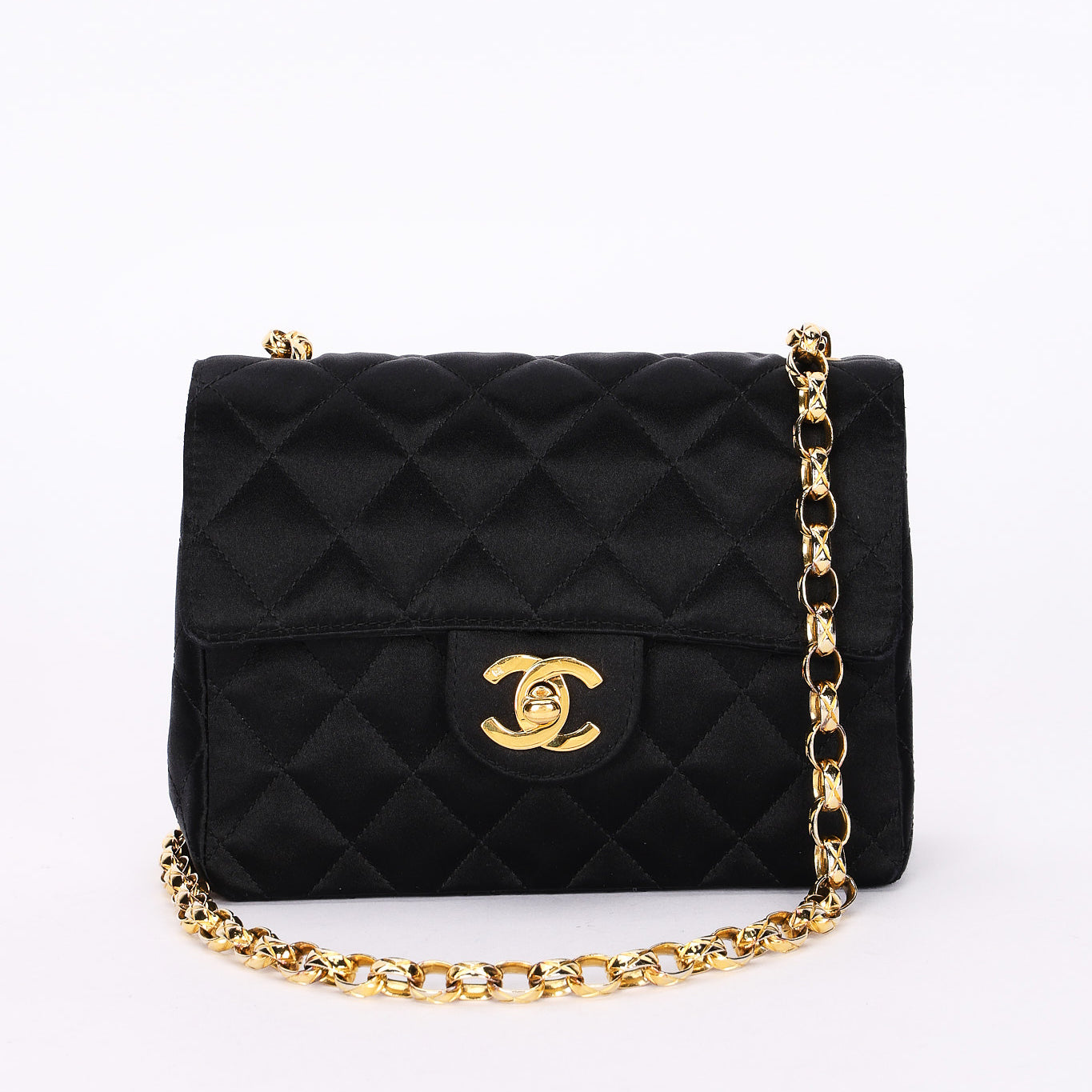 Chanel Mini Square Flap Bijoux Chain Black Satin 1991 24K GP