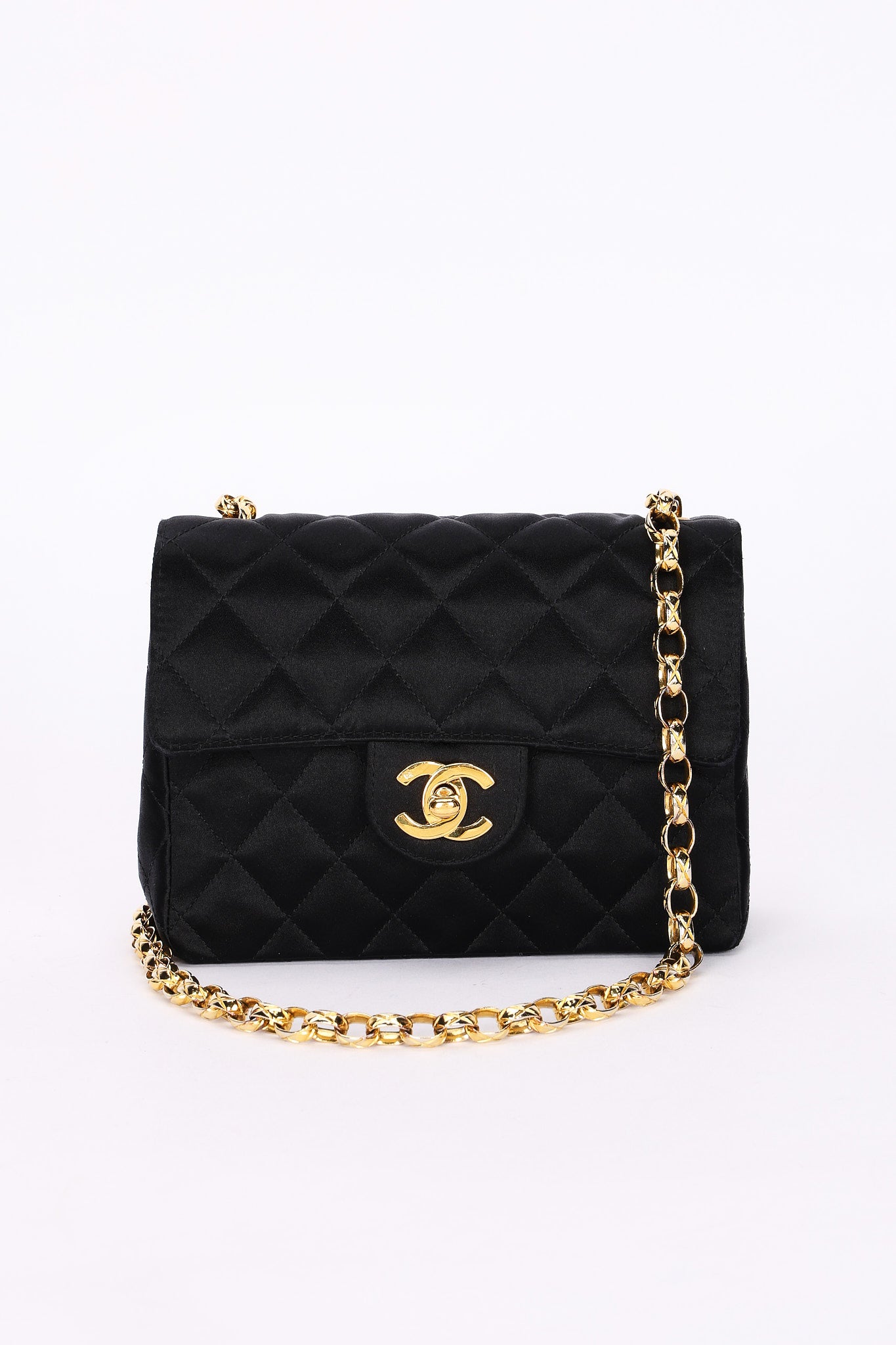 Chanel Mini Square Flap Bijoux Chain Black Satin 1991 24K GP