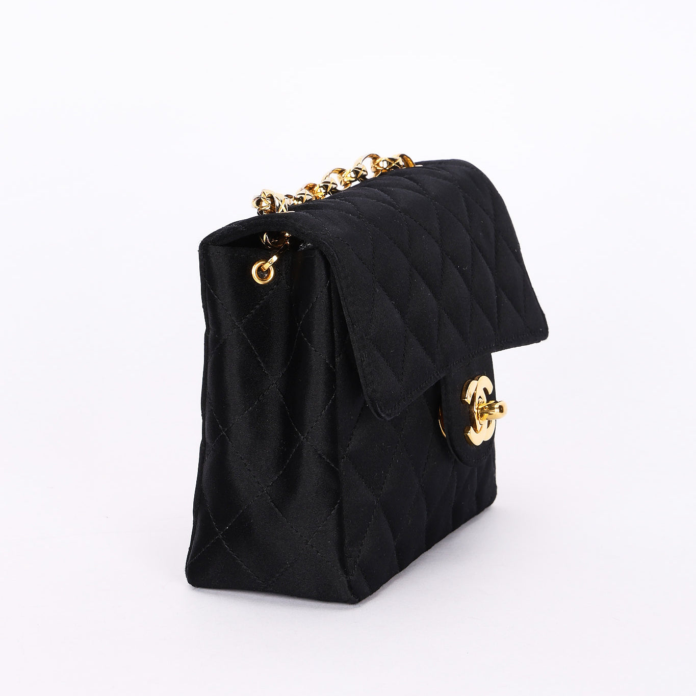 Chanel Mini Square Flap Bijoux Chain Black Satin 1991 24K GP