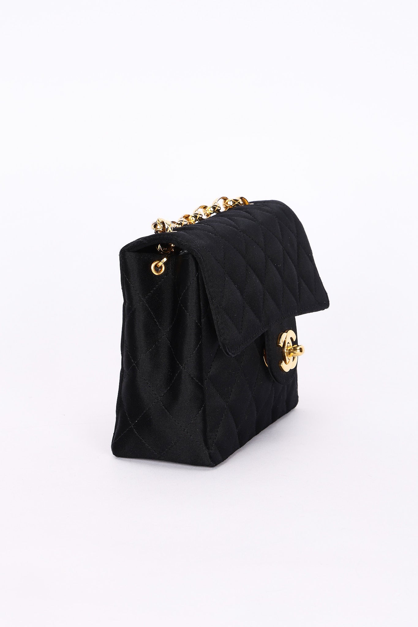 Chanel Mini Square Flap Bijoux Chain Black Satin 1991 24K GP