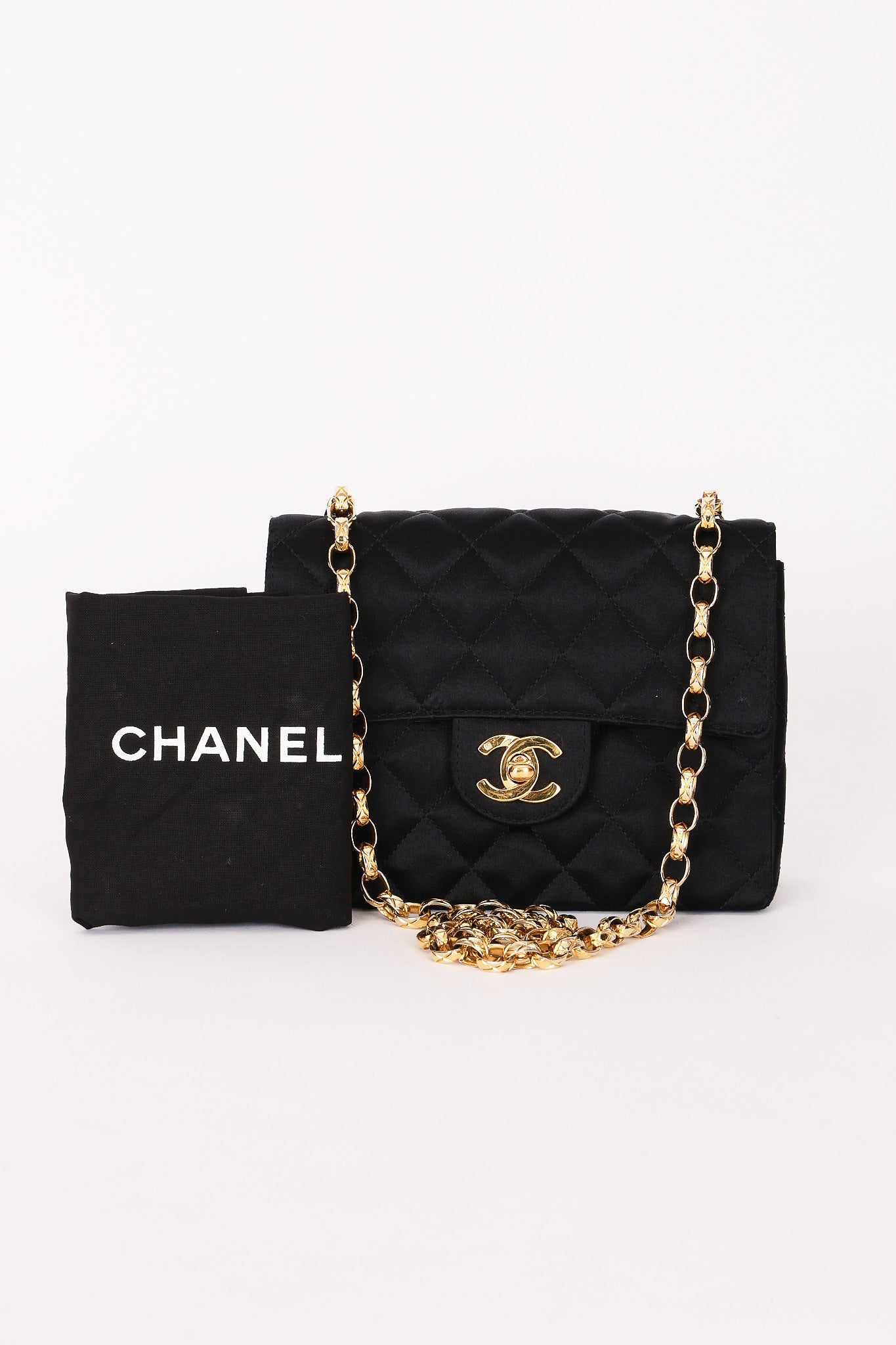 Chanel Mini Square Flap Bijoux Chain Black Satin 24K GP