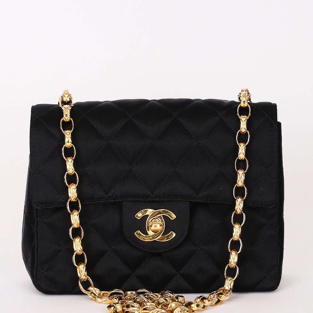 Chanel Mini Square Flap Bijoux Chain Black Satin 24K GP
