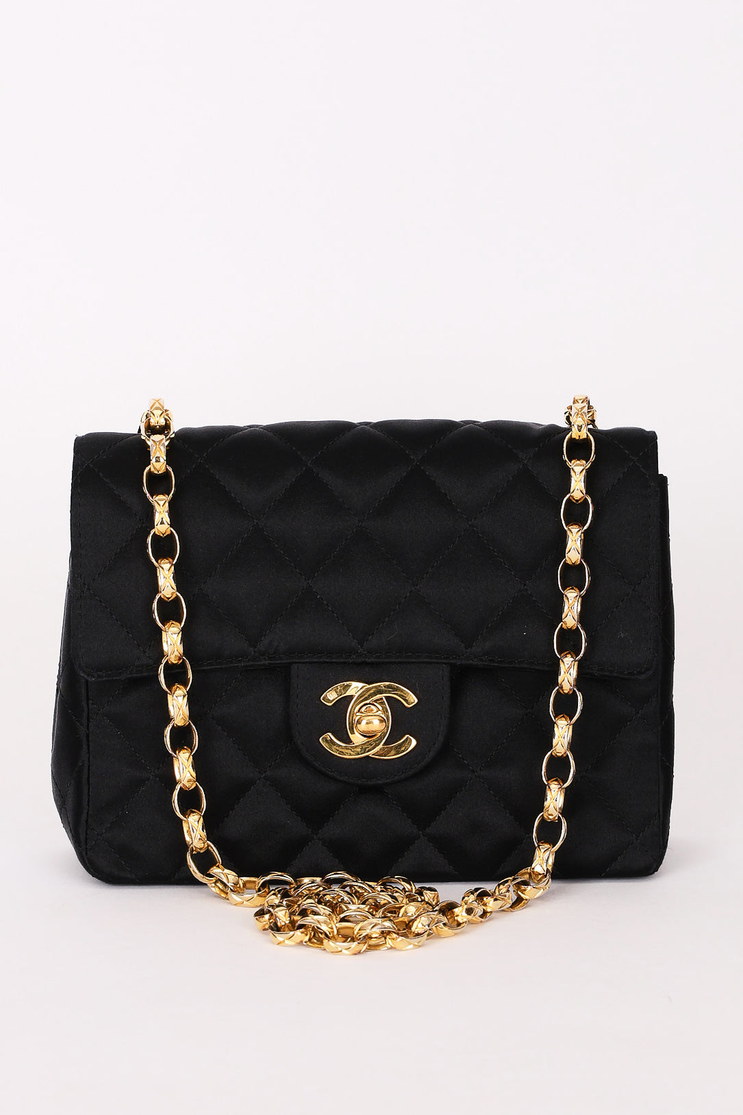 Chanel Mini Square Flap Bijoux Chain Black Satin 24K GP