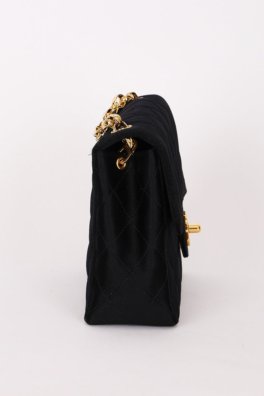 Chanel Mini Square Flap Bijoux Chain Black Satin 24K GP