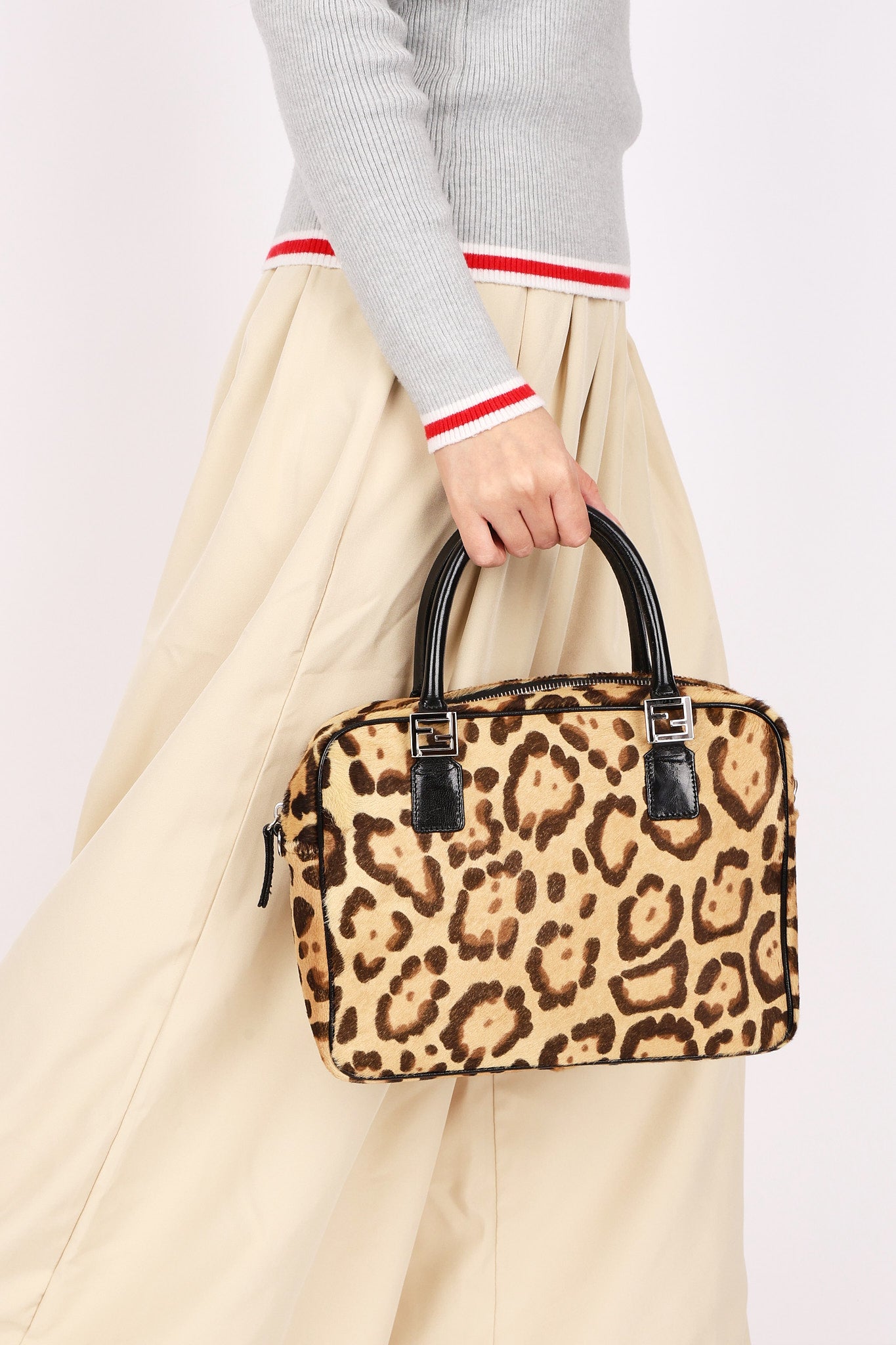 Fendi Leopard Print Ponyhair Top Handle Bag