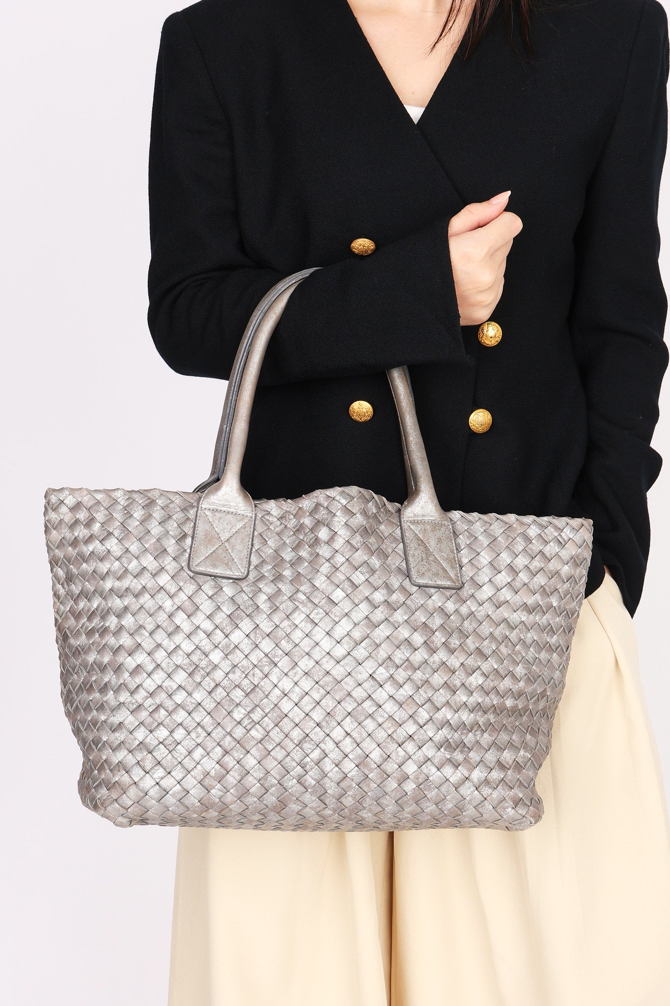 Bottega Veneta Intrecciato Small Cabat Tote Metallic Silver