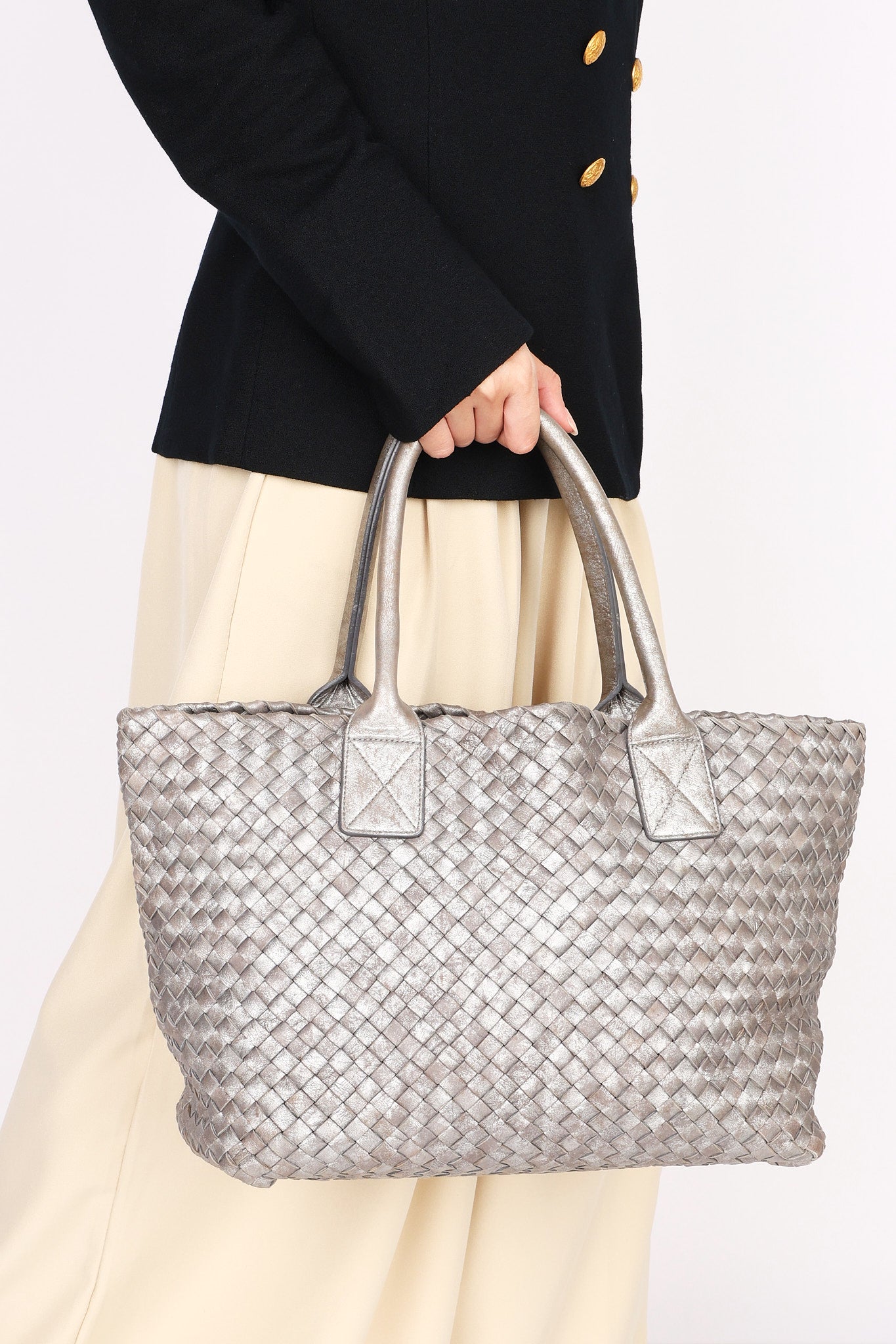 Bottega Veneta Intrecciato Small Cabat Tote Metallic Silver