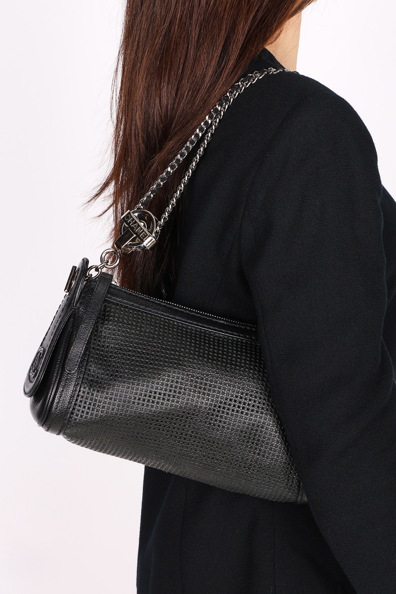 Chanel Perforated Pulley Shoulder Bag Black Caviar SHW