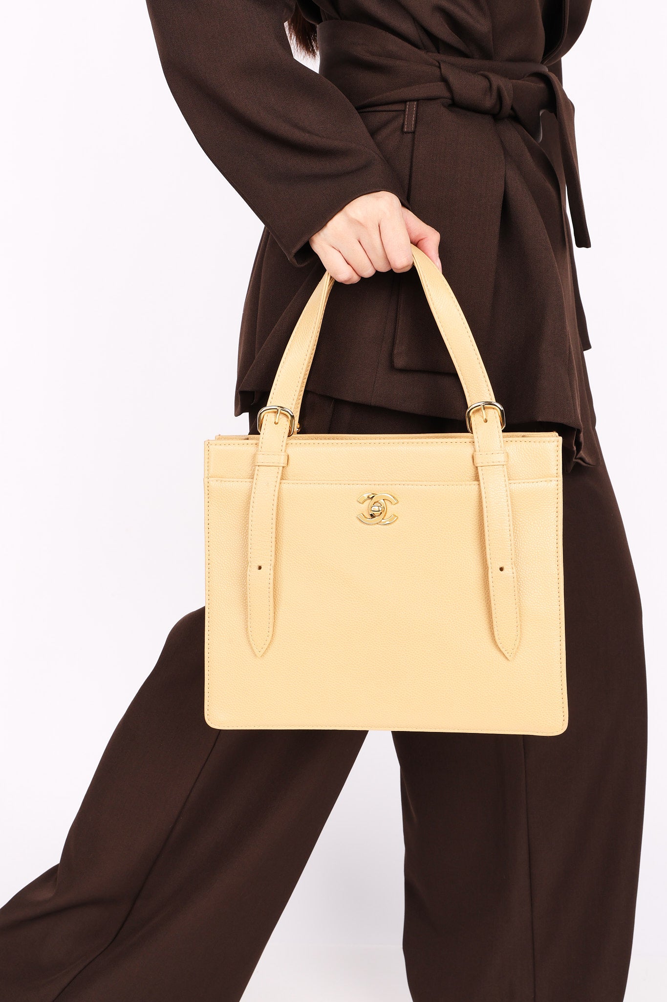 Chanel Front Pocket Buckle Strap Tote Beige Caviar GHW