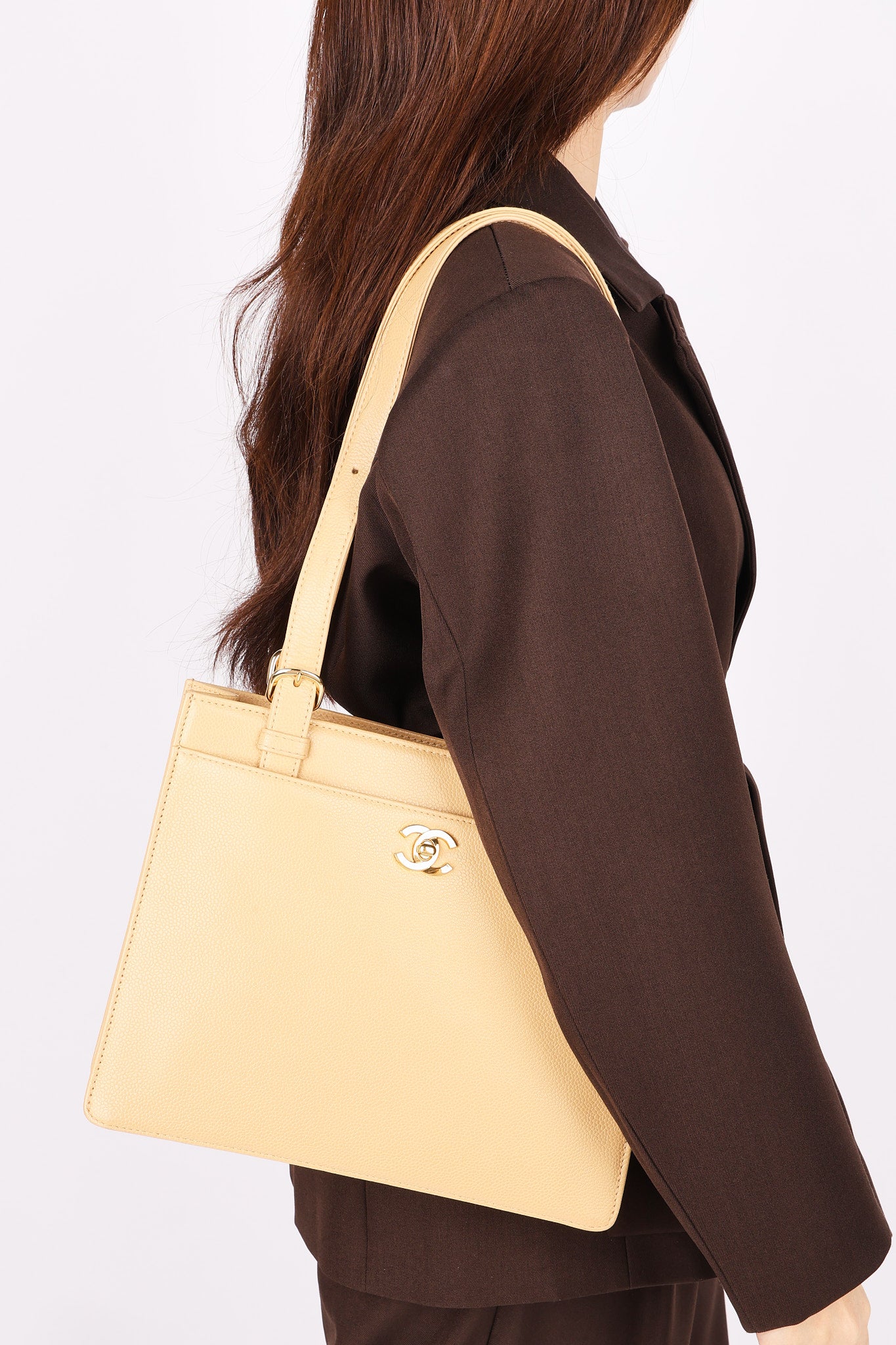 Chanel Front Pocket Buckle Strap Tote Beige Caviar GHW
