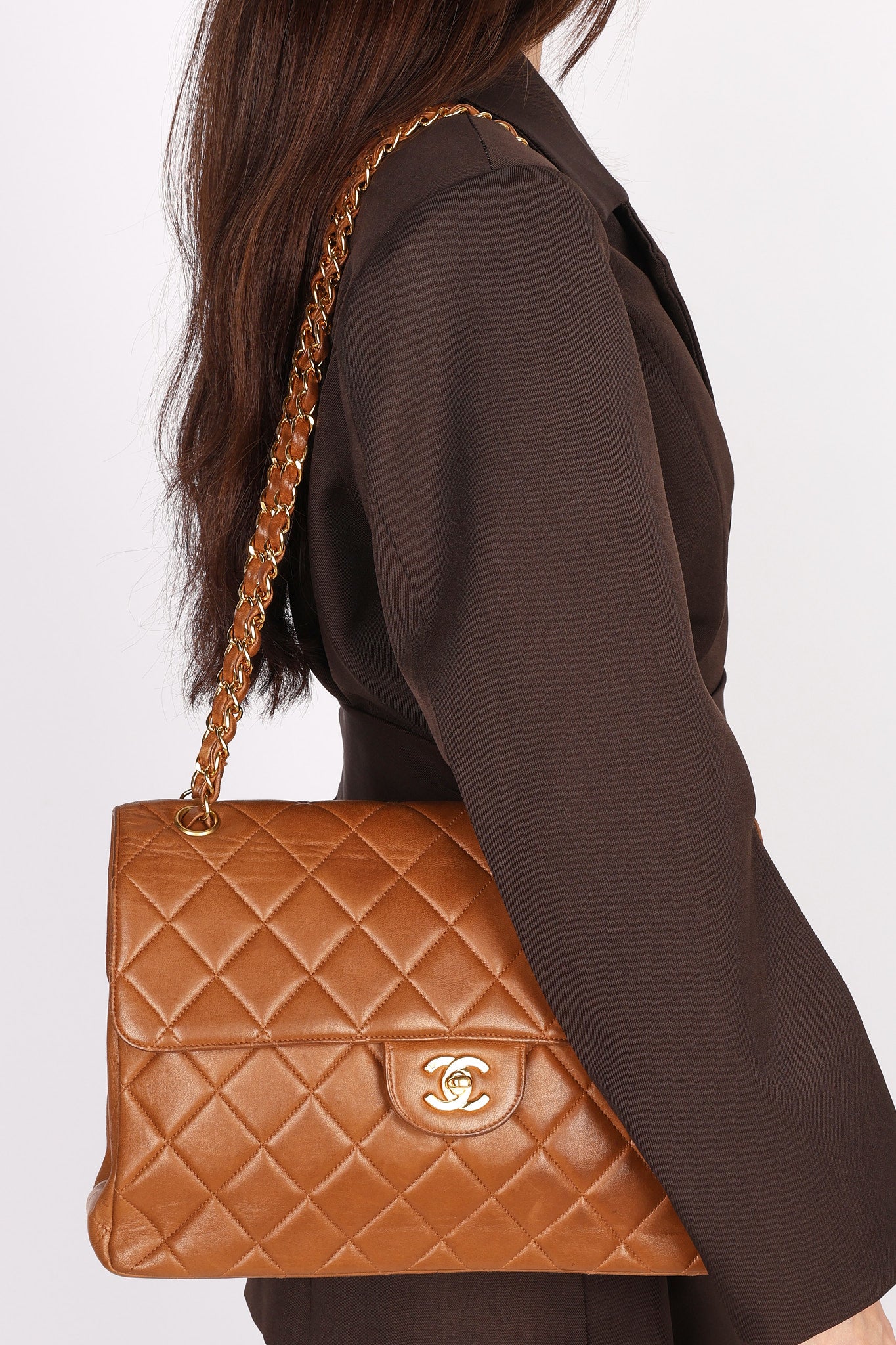 Chanel Jumbo Double Sided Classic Flap Light Brown Lambskin 2001 24K GP