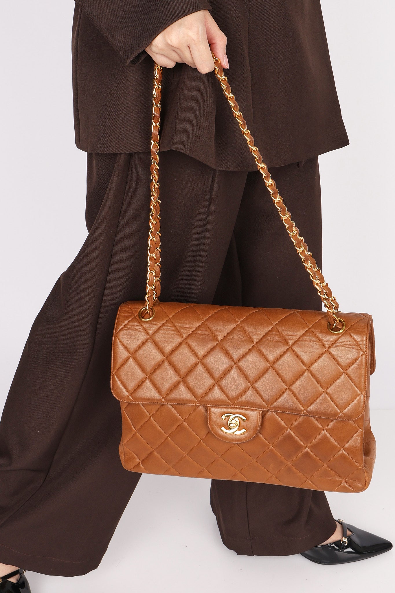 Chanel Jumbo Double Sided Classic Flap Light Brown Lambskin 2001 24K GP