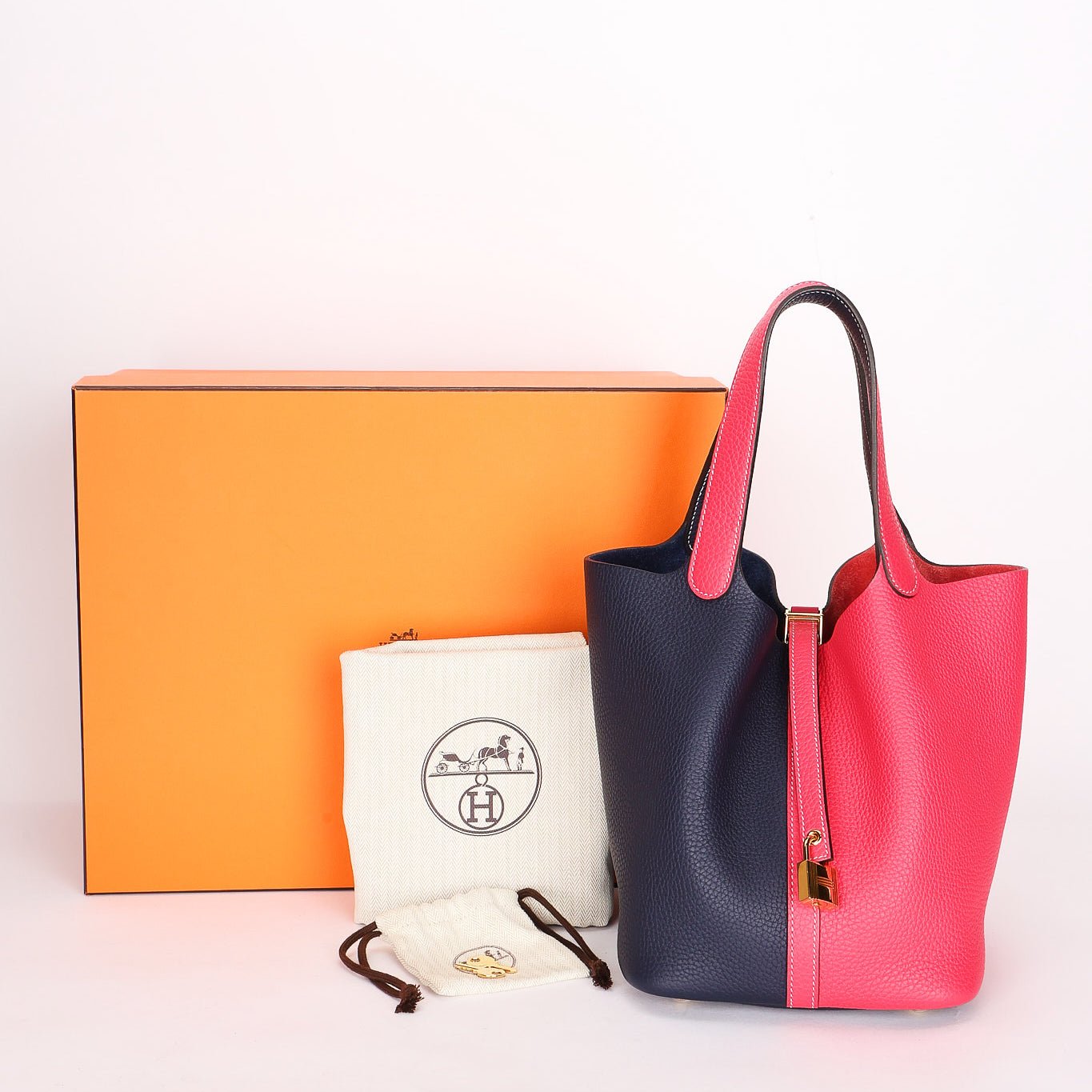 Hermès Casque Picotin 22 Rose Extreme and Bleu Nuit Taurillon Clemence GHW