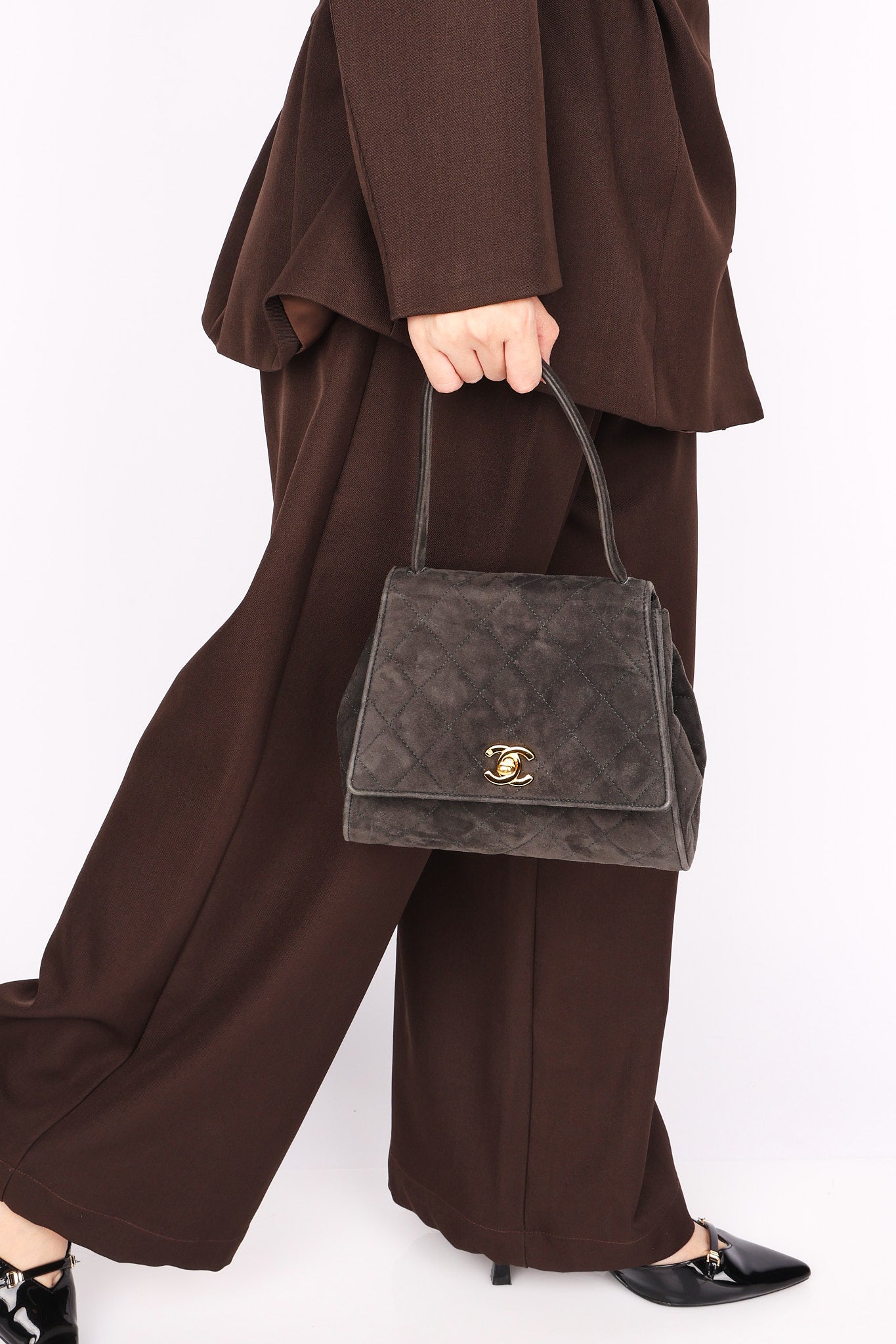 Chanel Kelly Top Handle Grey Suede 24K GP