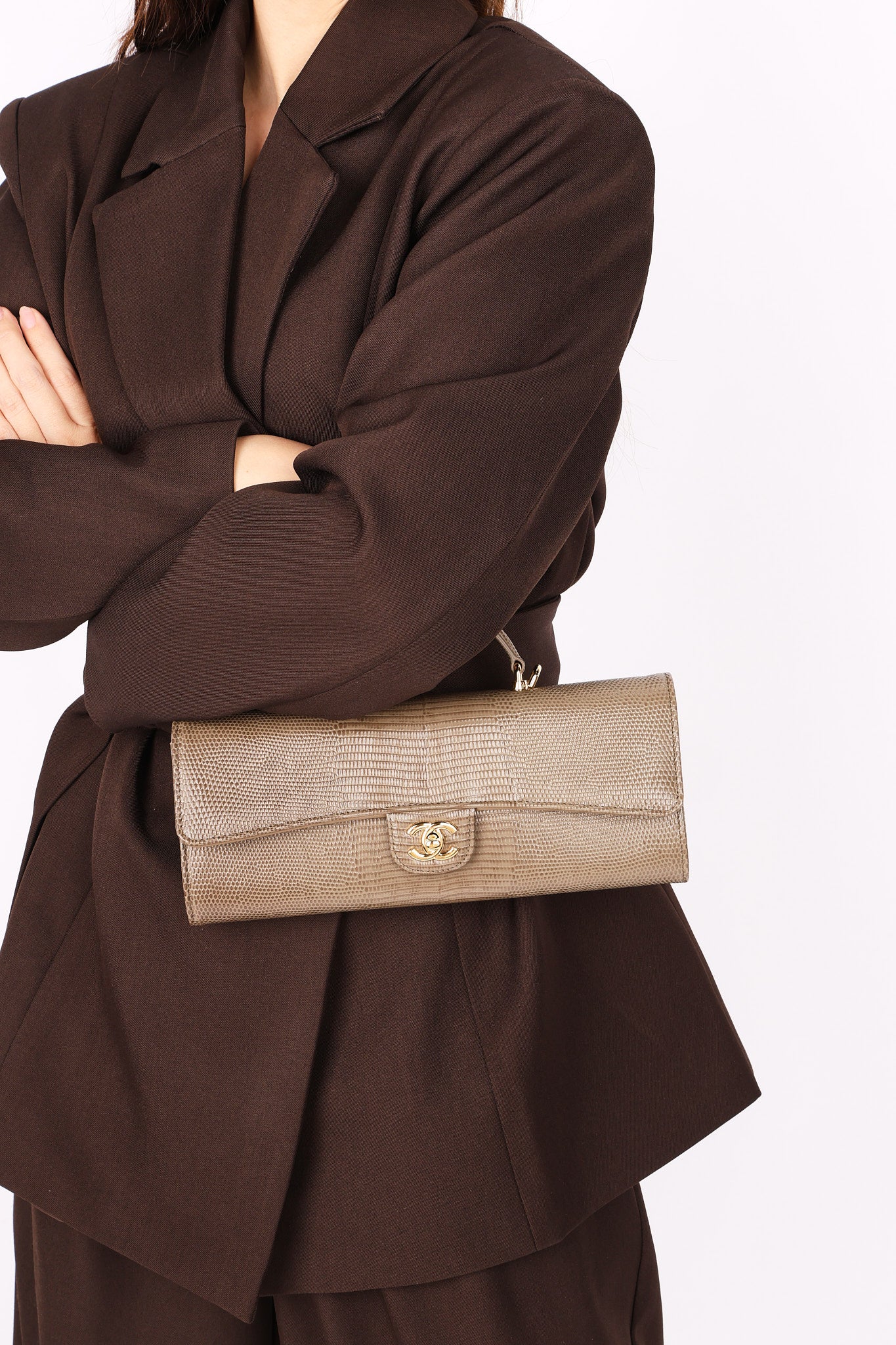 Chanel Lizard Embossed Top Handle Long Clutch with Chain GHW
