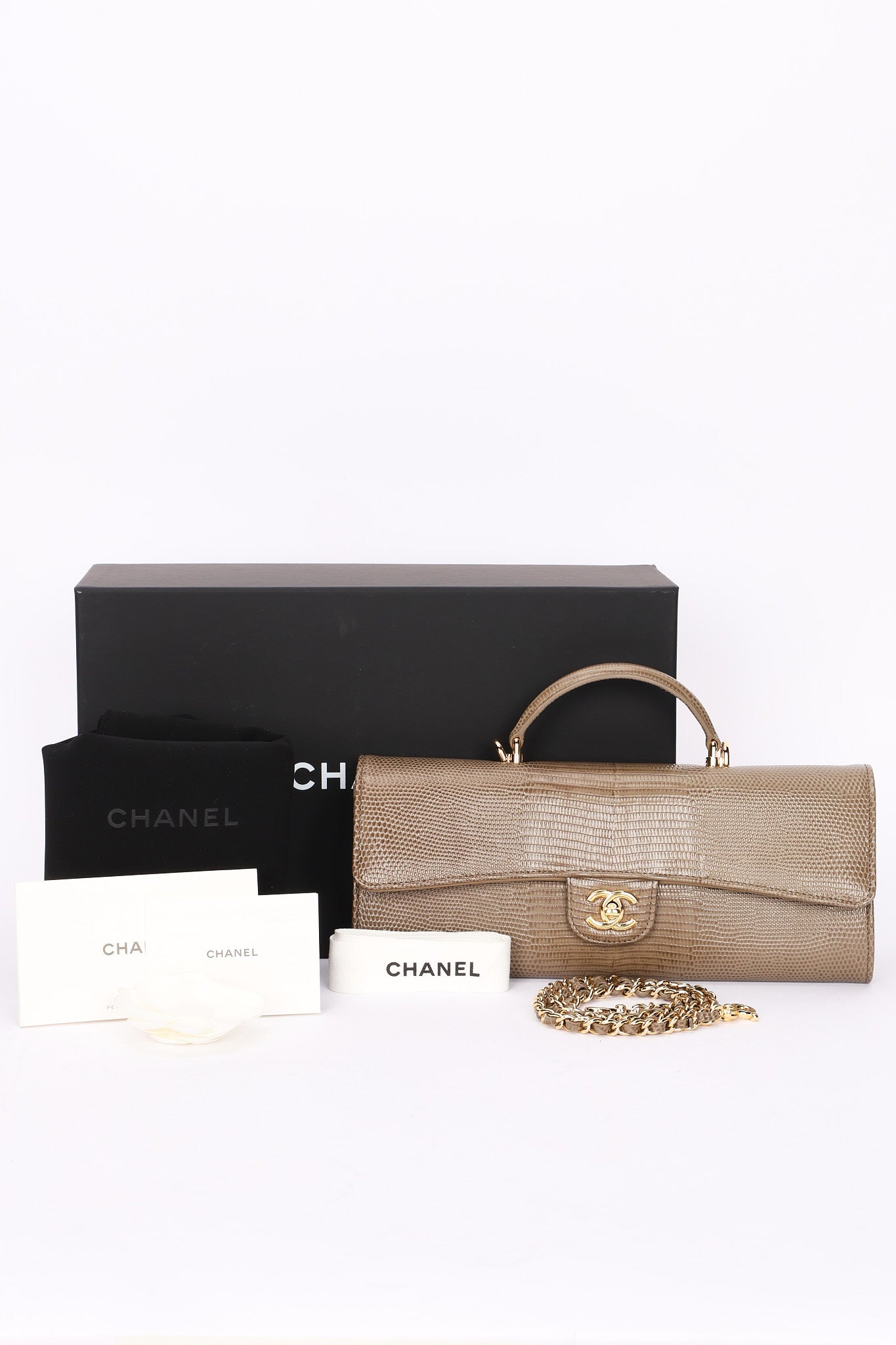 Chanel Lizard Embossed Top Handle Long Clutch with Chain GHW