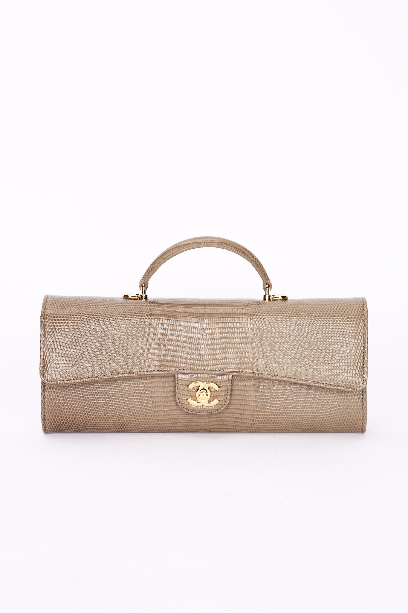 Chanel Lizard Embossed Top Handle Long Clutch with Chain GHW