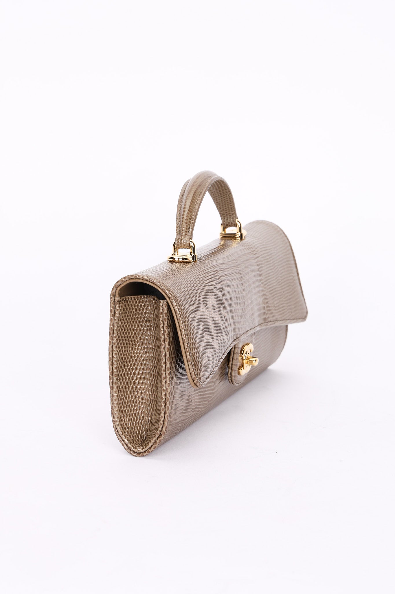 Chanel Lizard Embossed Top Handle Long Clutch with Chain GHW