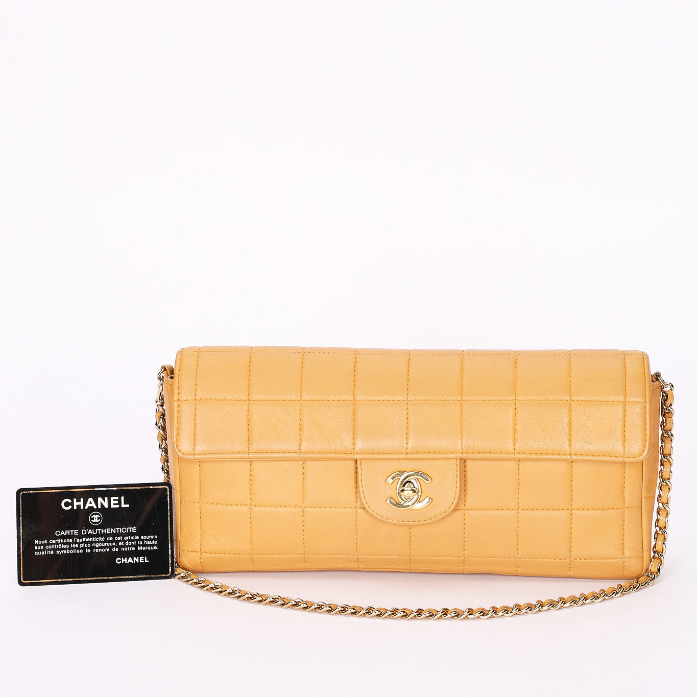 Chanel Chocolate Bar East West Single Flap Beige Lambskin 24K GP