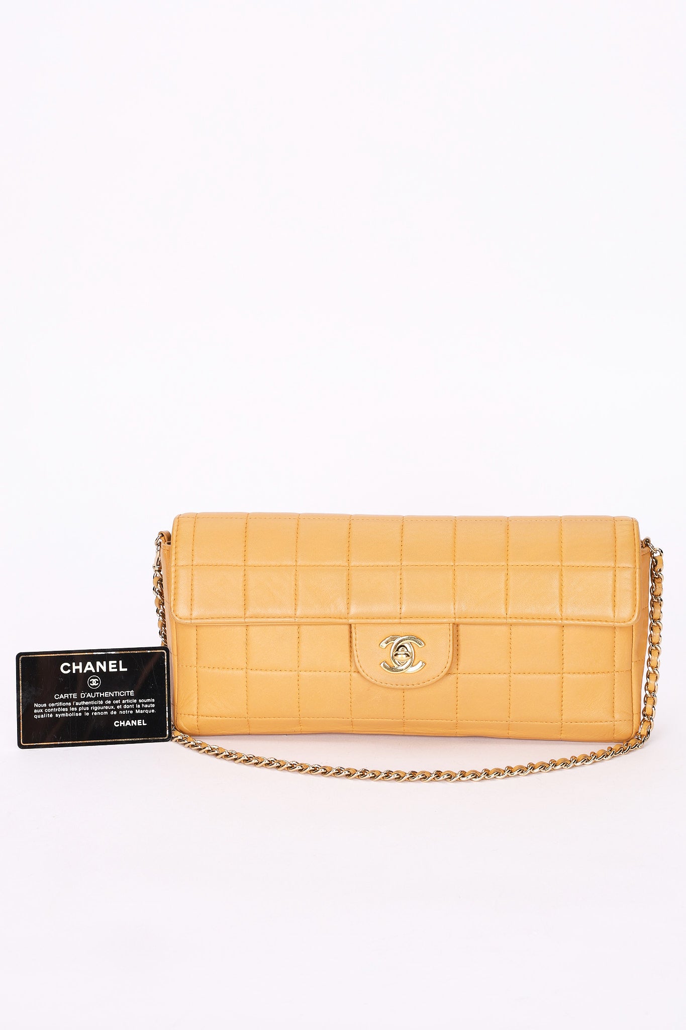 Chanel Chocolate Bar East West Single Flap Beige Lambskin 24K GP