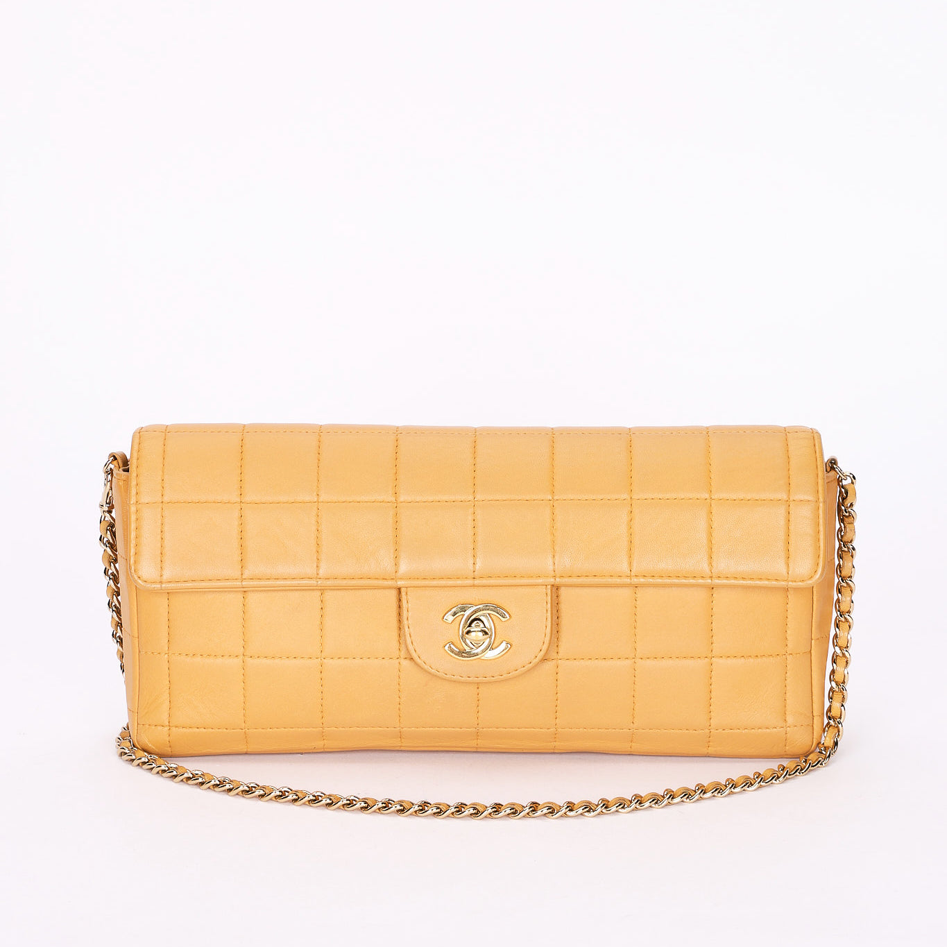 Chanel Chocolate Bar East West Single Flap Beige Lambskin 24K GP