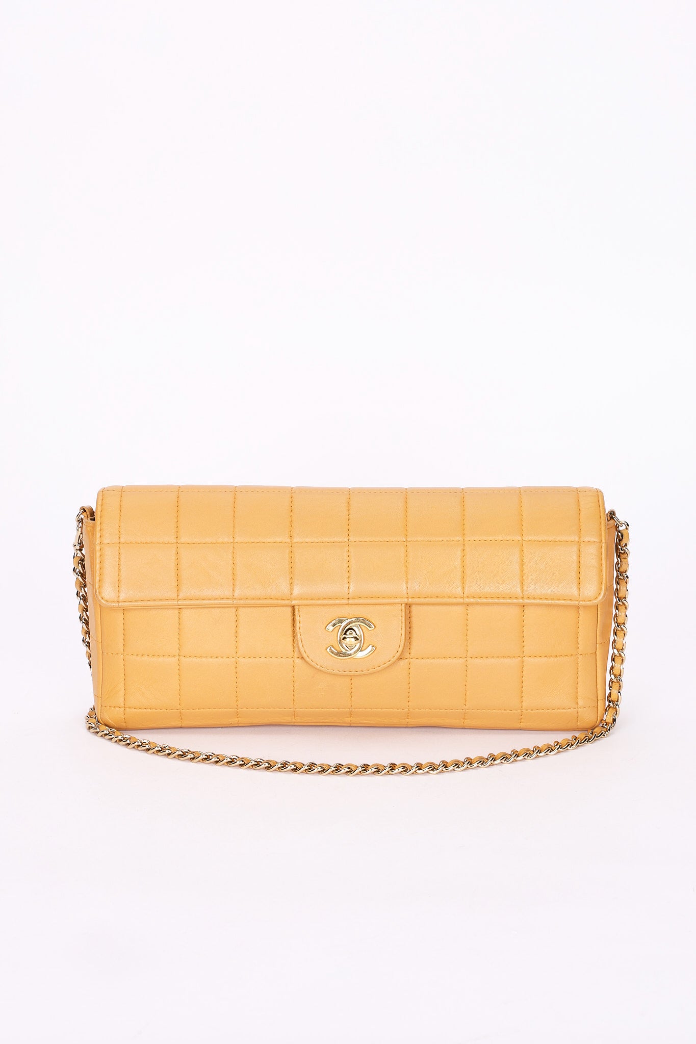 Chanel Chocolate Bar East West Single Flap Beige Lambskin 24K GP