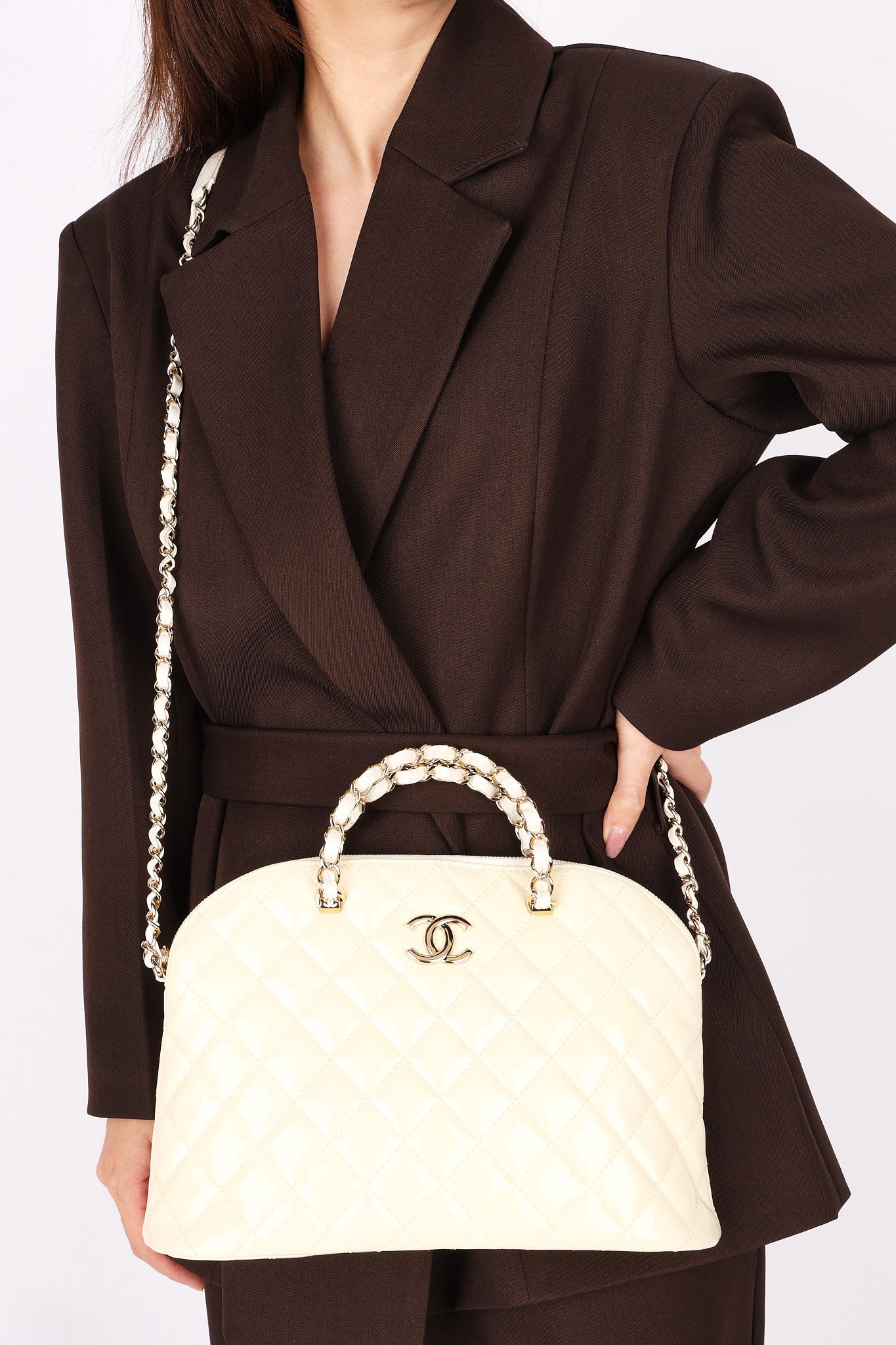 Chanel Dome Shoulder Bag White Patent GHW