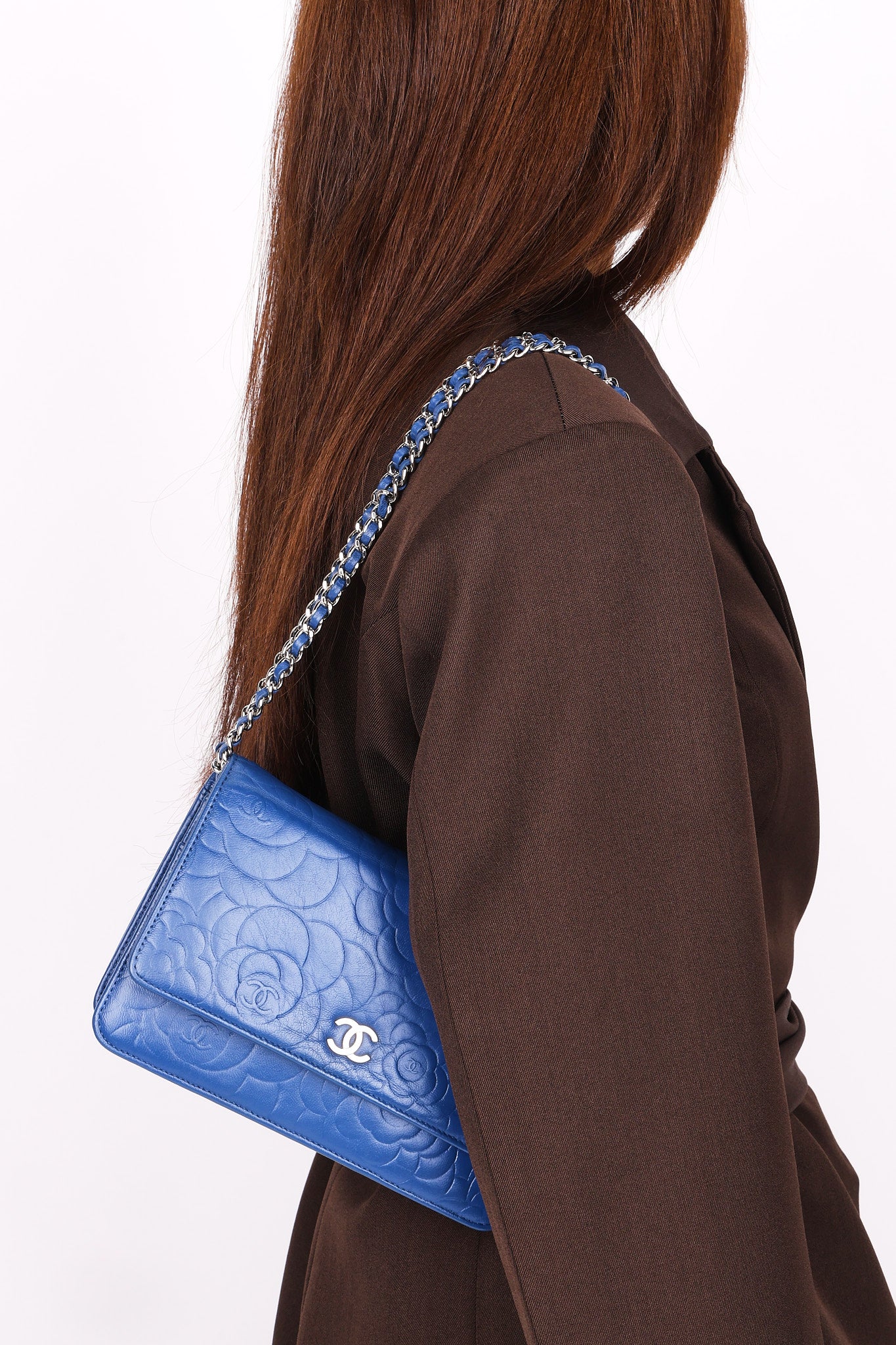 Chanel Camellia Wallet on Chain Blue Calfskin SHW