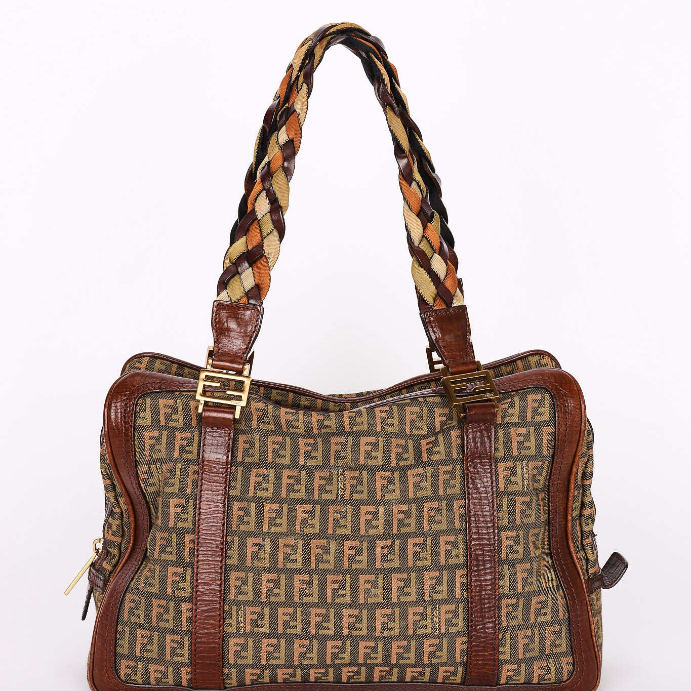 Fendi Zucchino Braided Strap Boston Bag