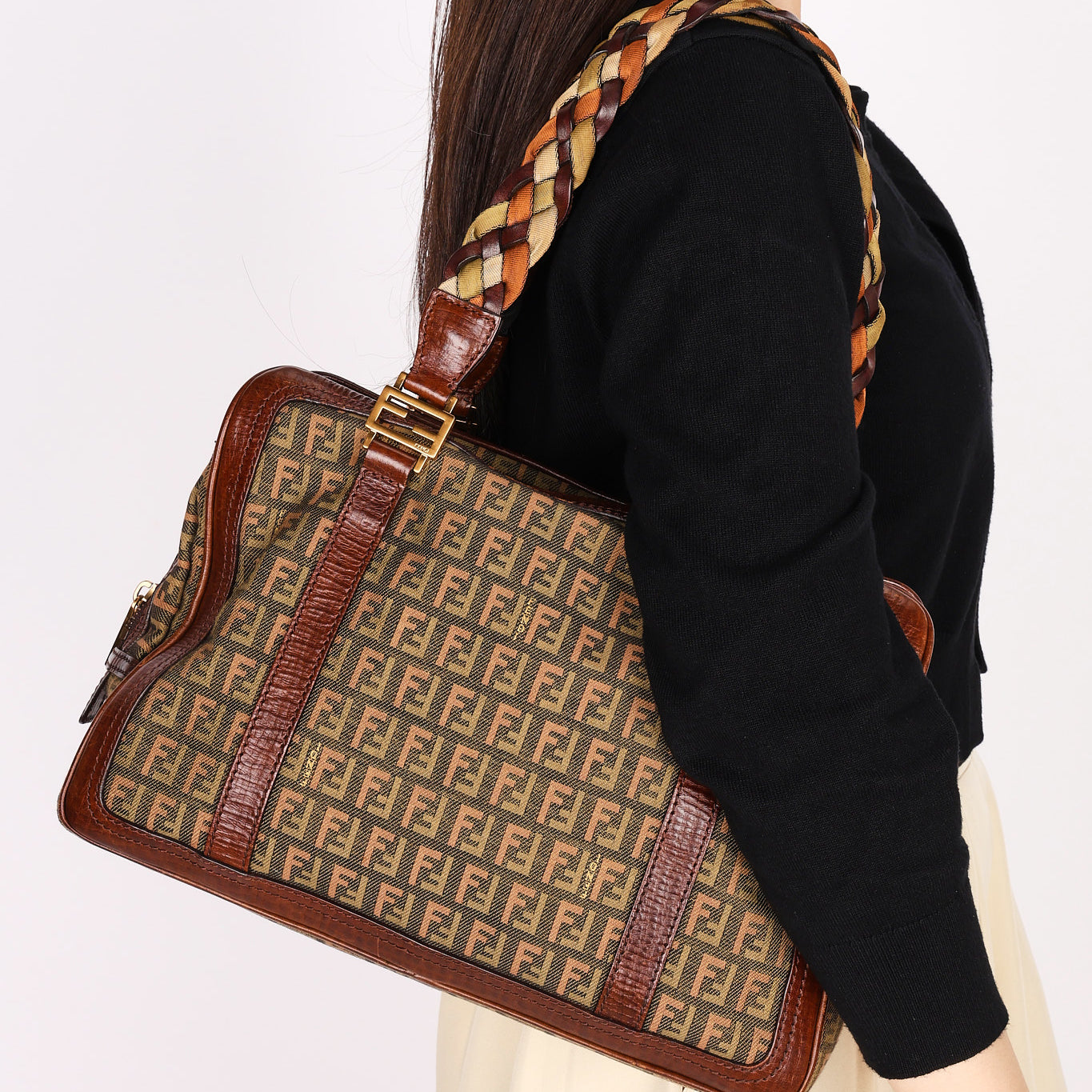 Fendi Zucchino Braided Strap Boston Bag