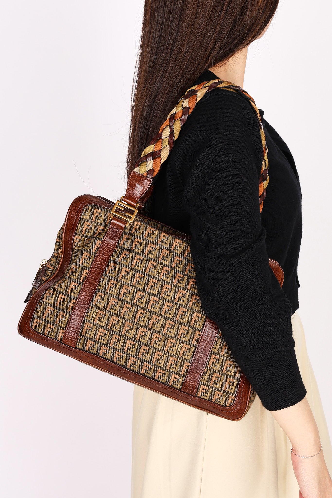 Fendi Zucchino Braided Strap Boston Bag
