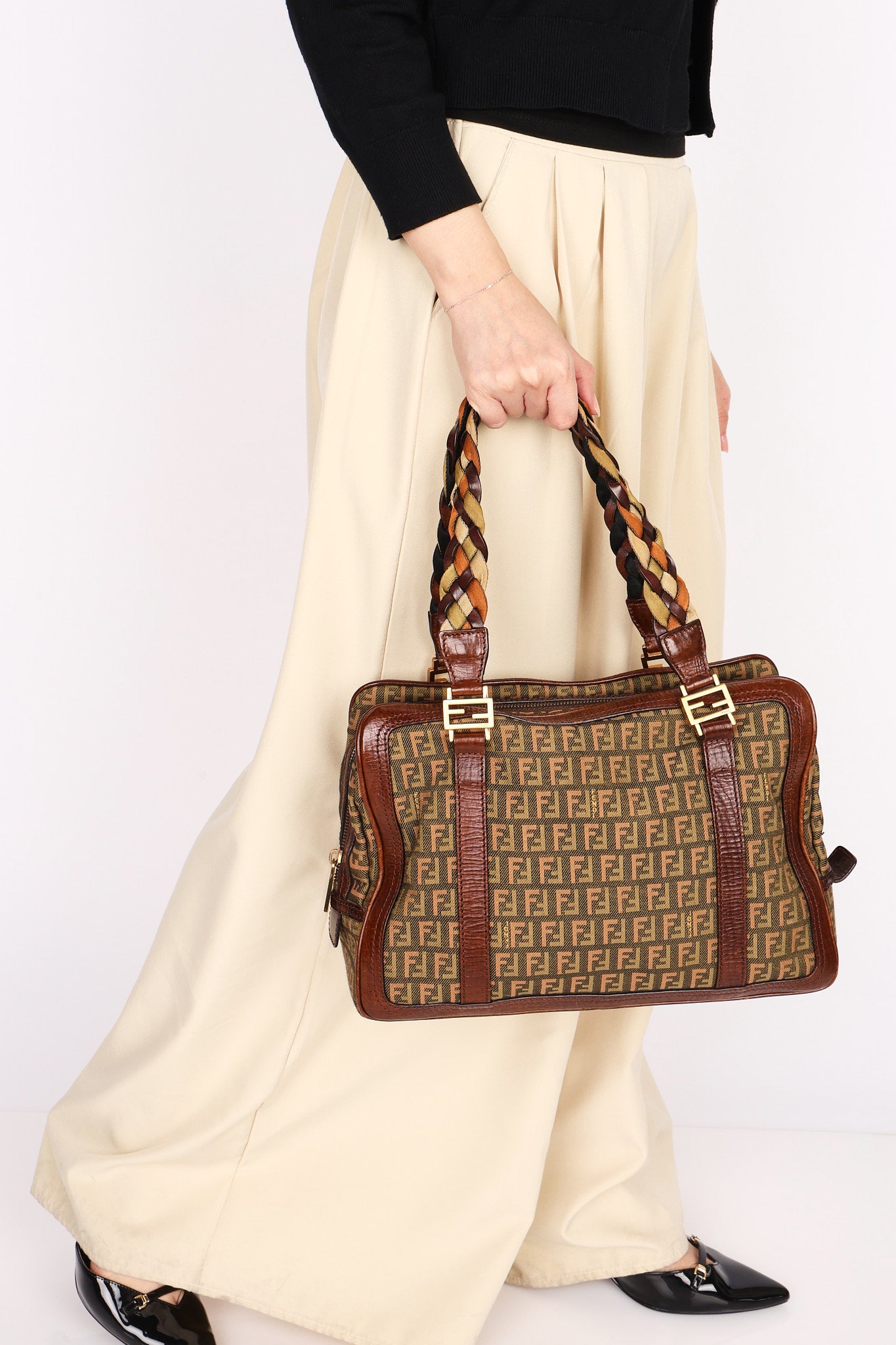 Fendi Zucchino Braided Strap Boston Bag
