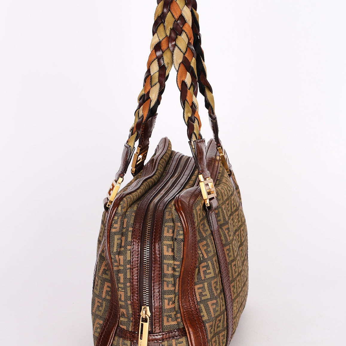 Fendi Zucchino Braided Strap Boston Bag
