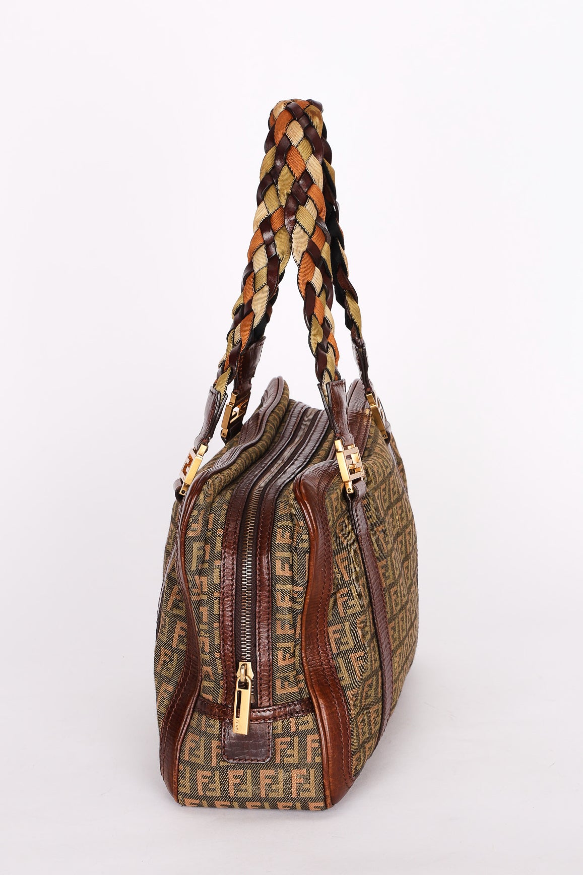 Fendi Zucchino Braided Strap Boston Bag