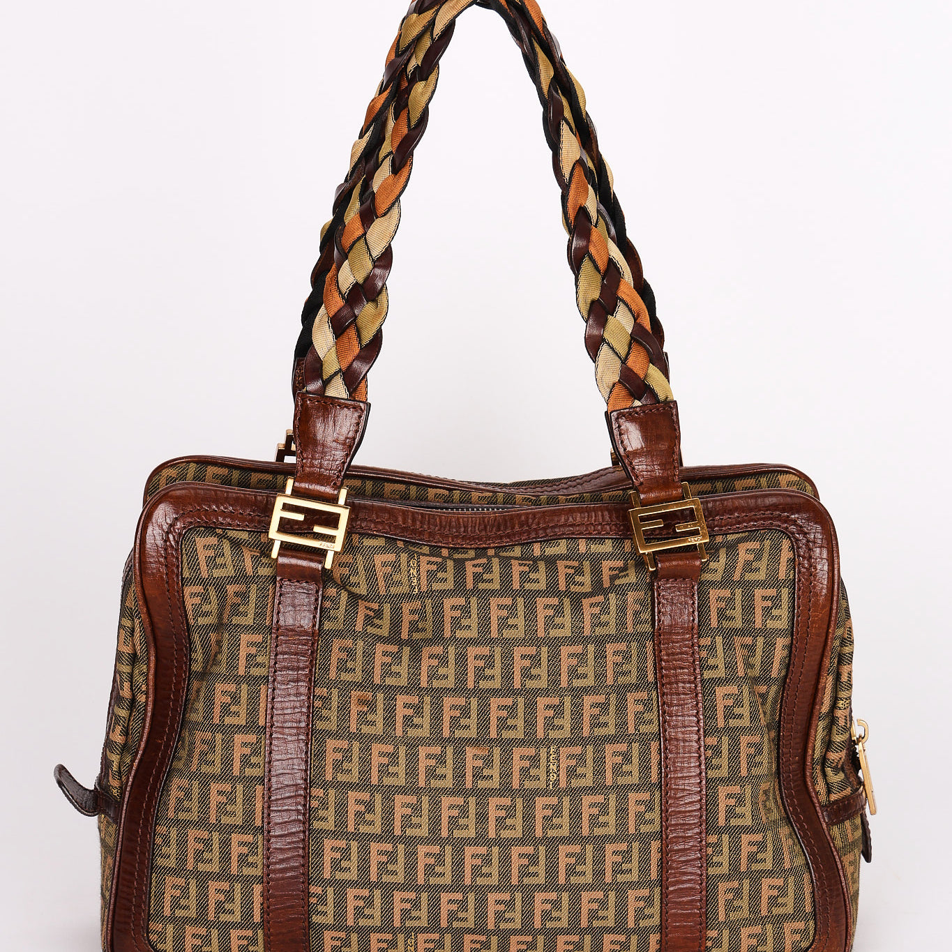 Fendi Zucchino Braided Strap Boston Bag
