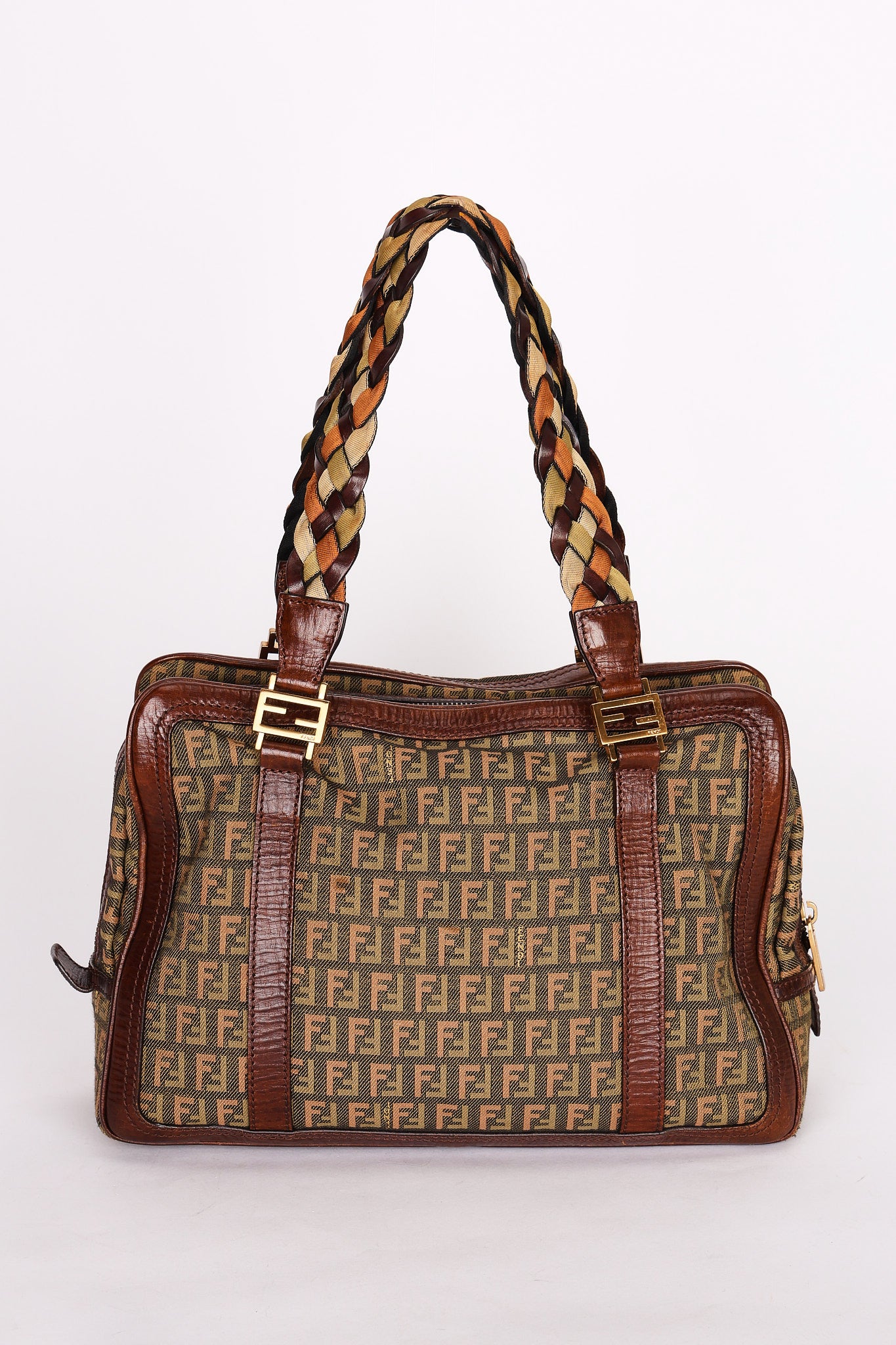 Fendi Zucchino Braided Strap Boston Bag