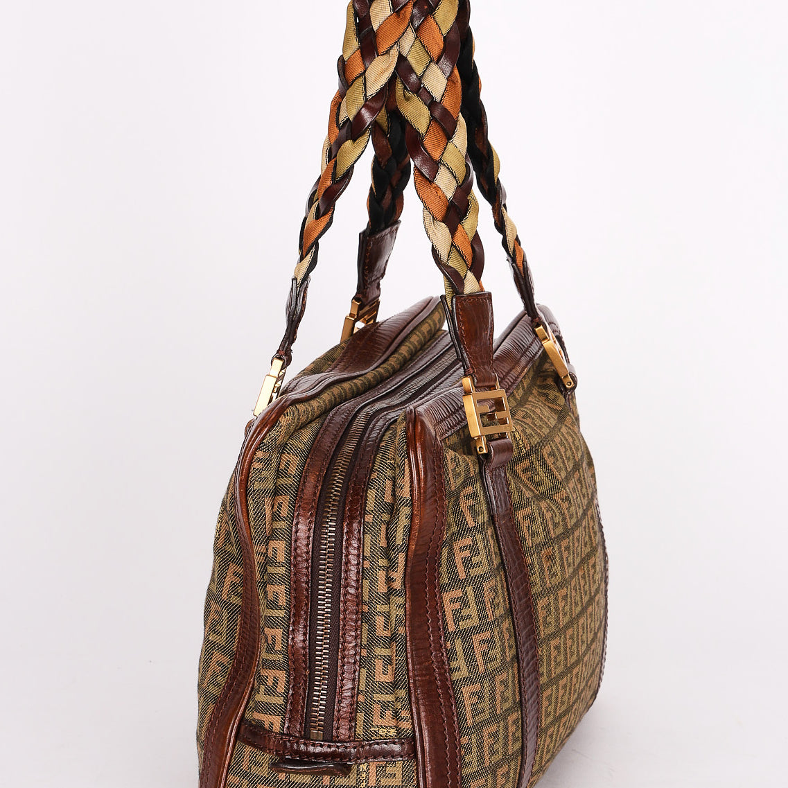 Fendi Zucchino Braided Strap Boston Bag