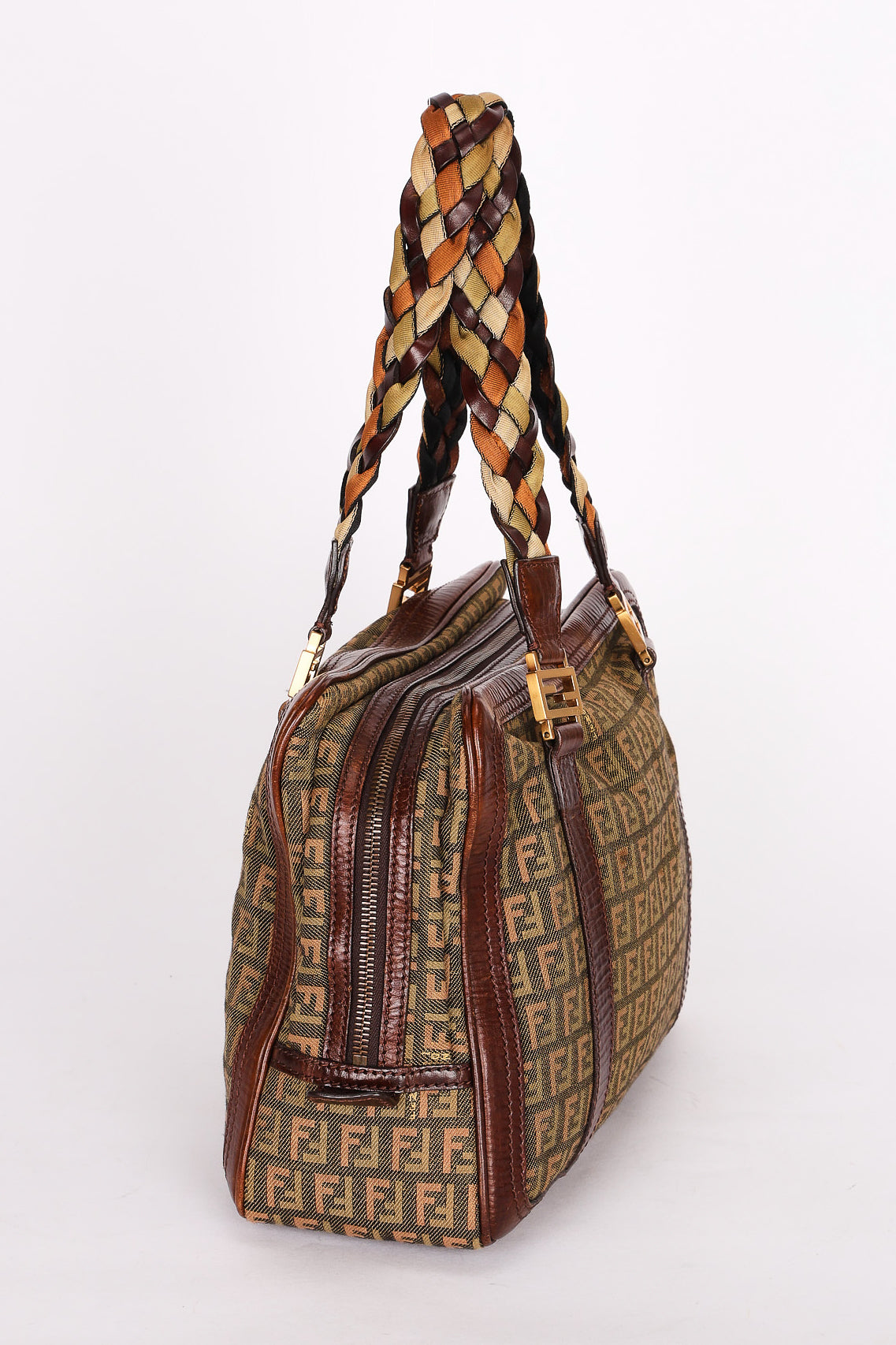 Fendi Zucchino Braided Strap Boston Bag