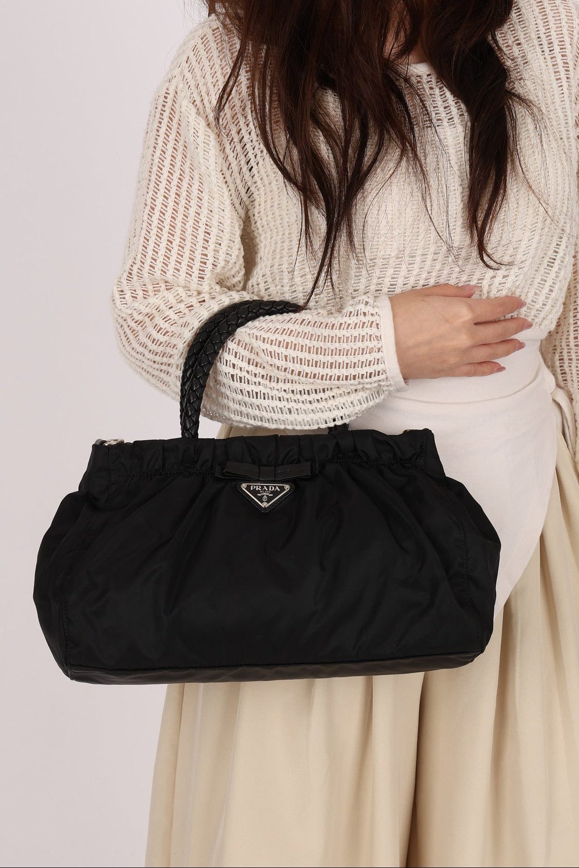 Prada Tessuto Bow Braided Top Handle Bag