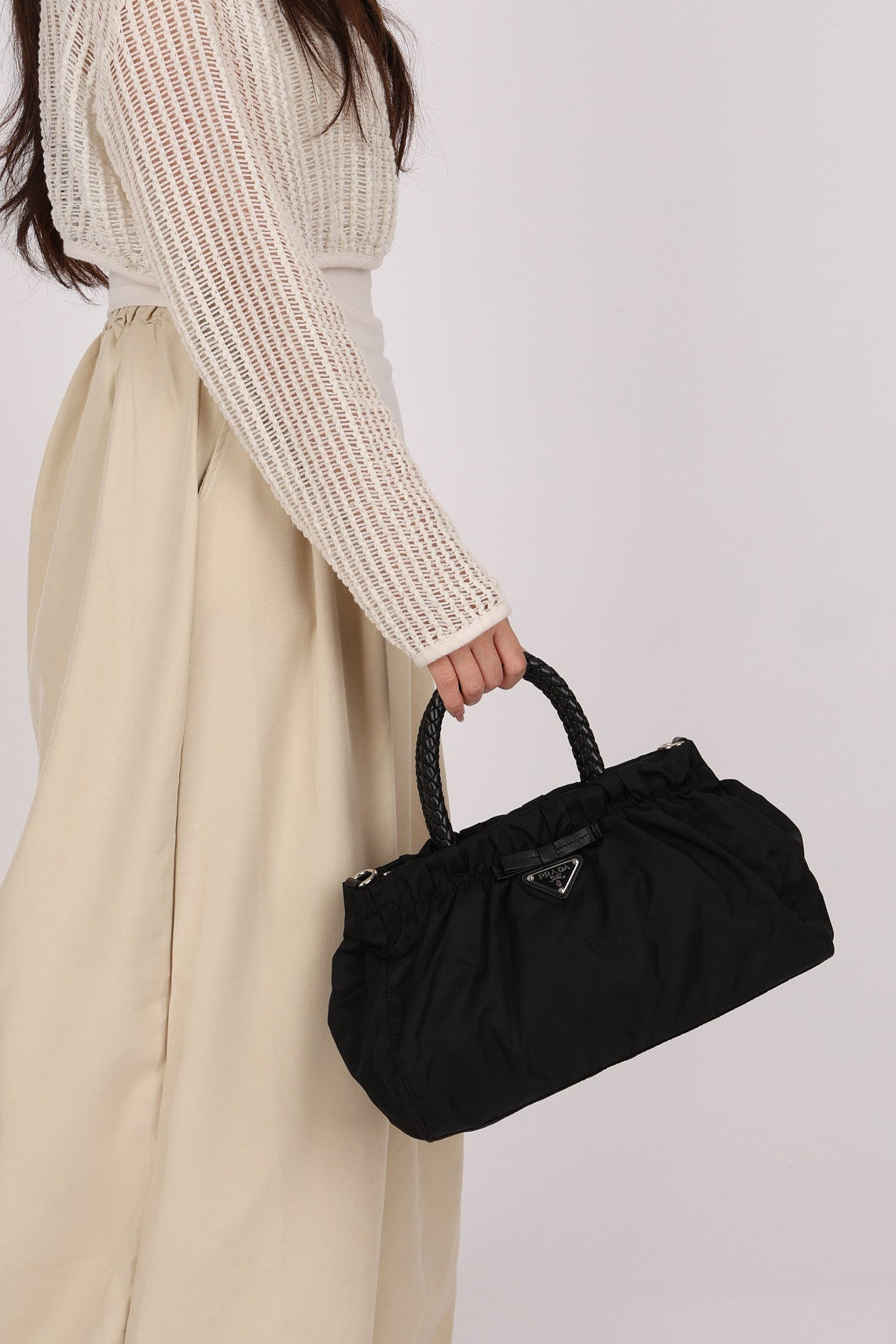 Prada Tessuto Bow Braided Top Handle Bag