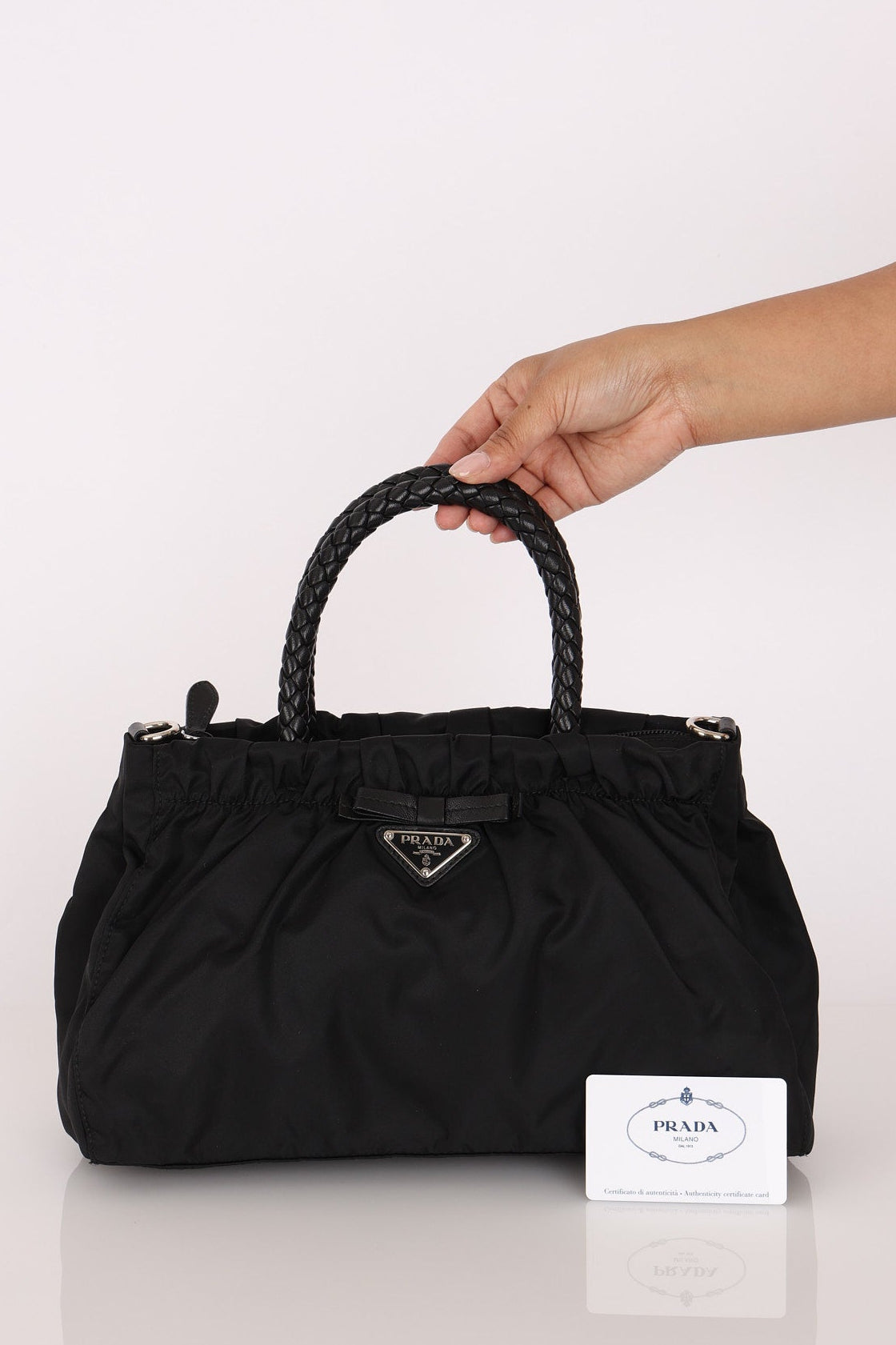 Prada Tessuto Bow Braided Top Handle Bag